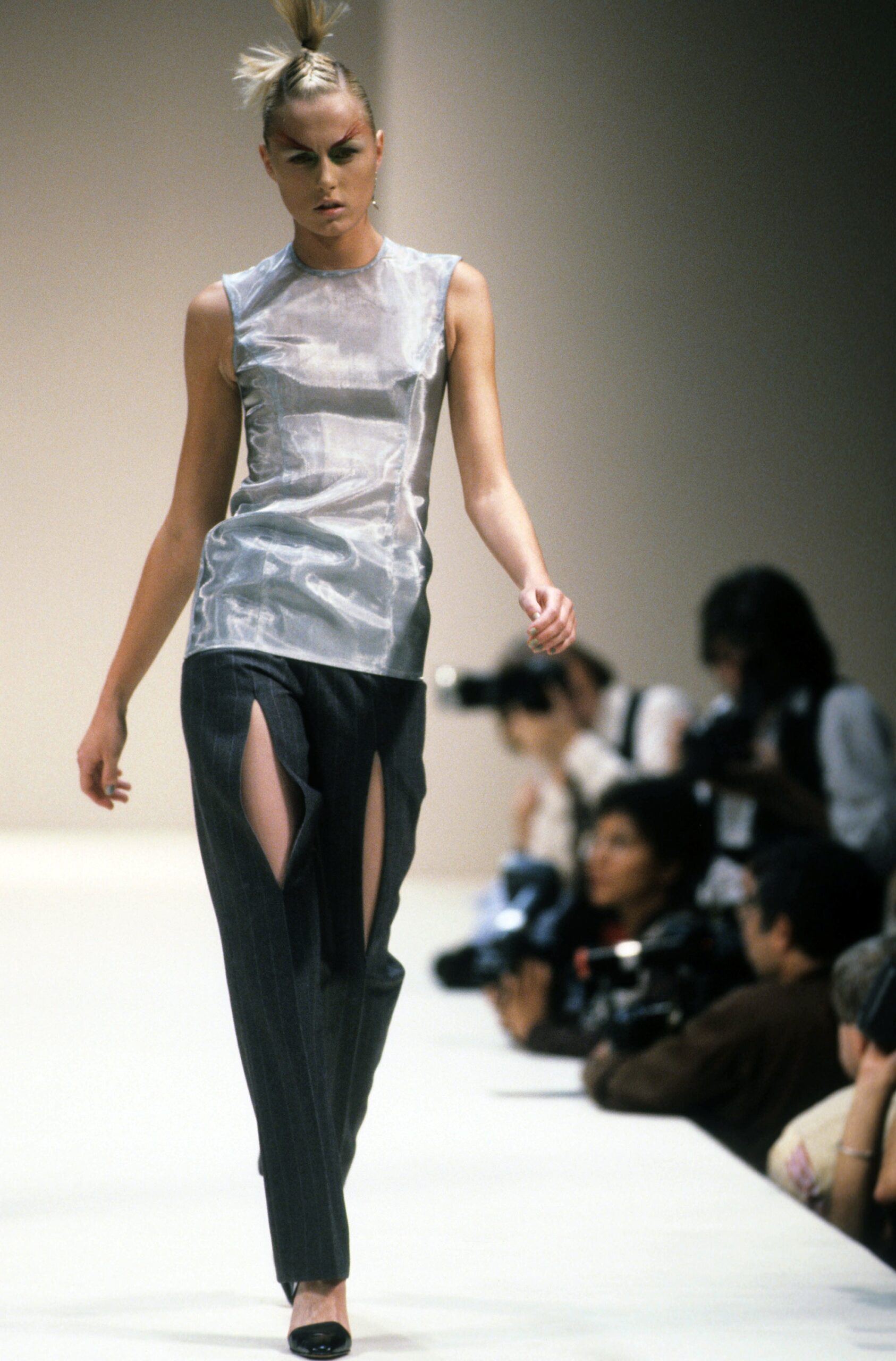 gray wool long-sleeve tailored flared zippered pants