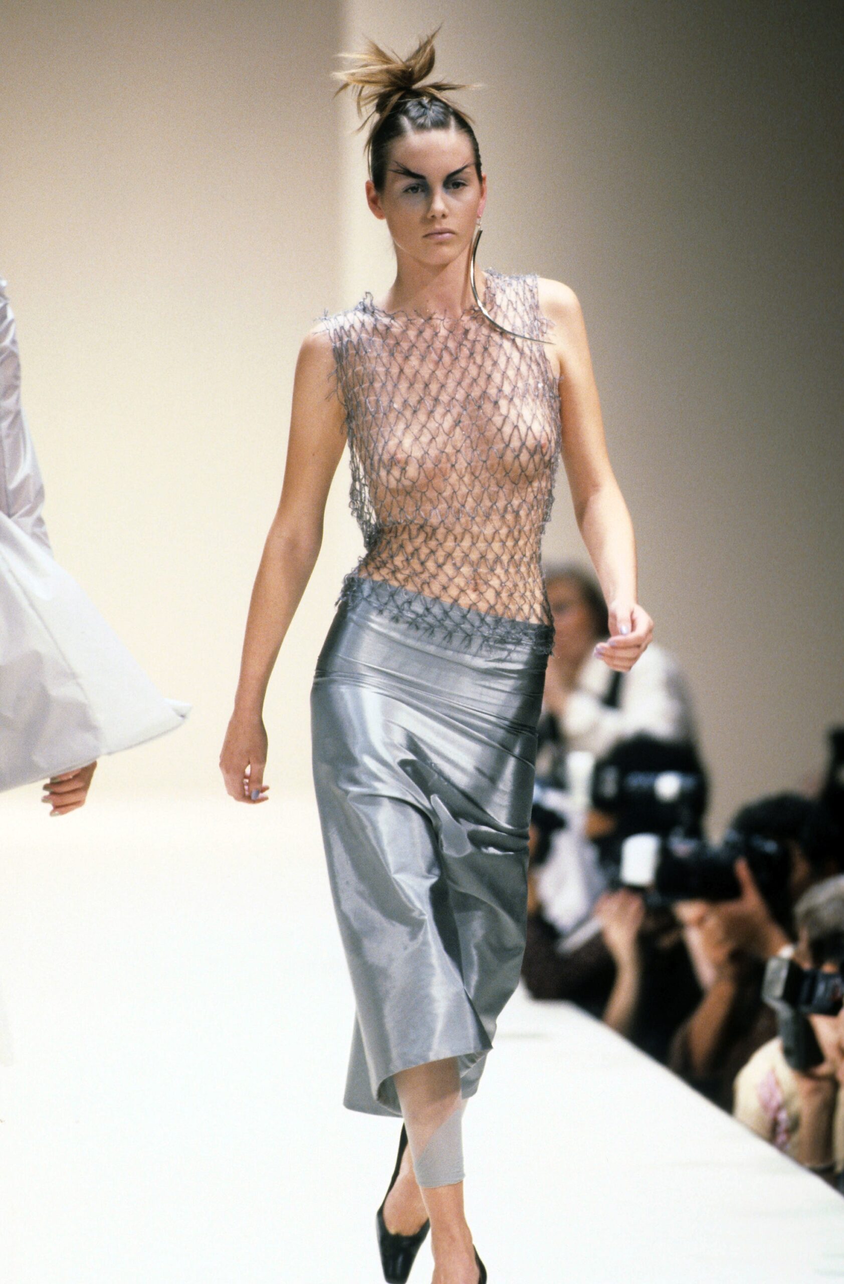 silver mesh top and satin skirt