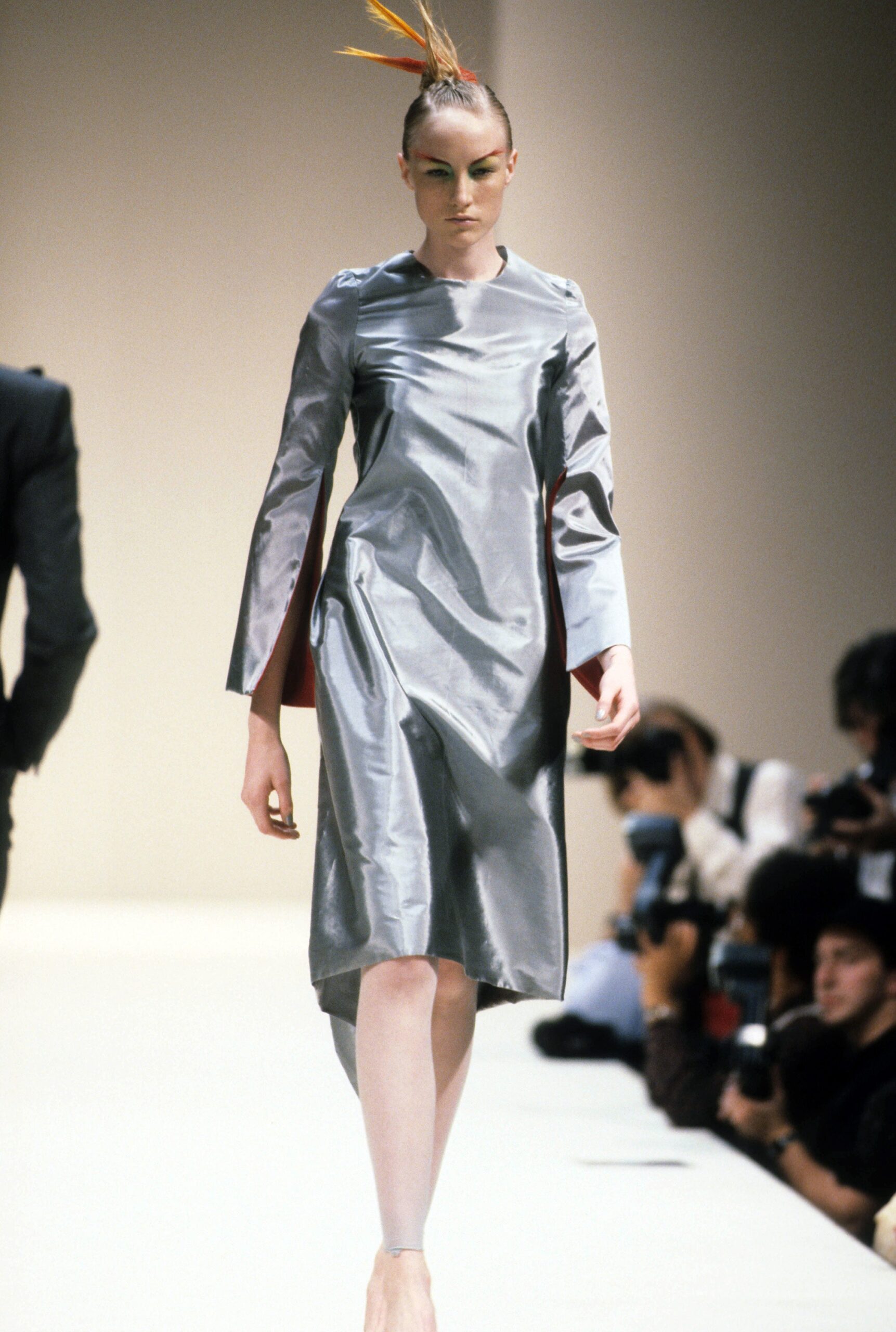 fitted silver satin asymmetric dress