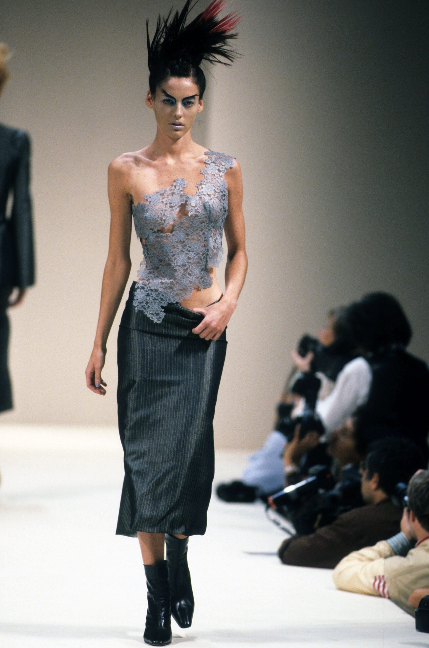 gray lace sleeveless asymmetric fitted draped top