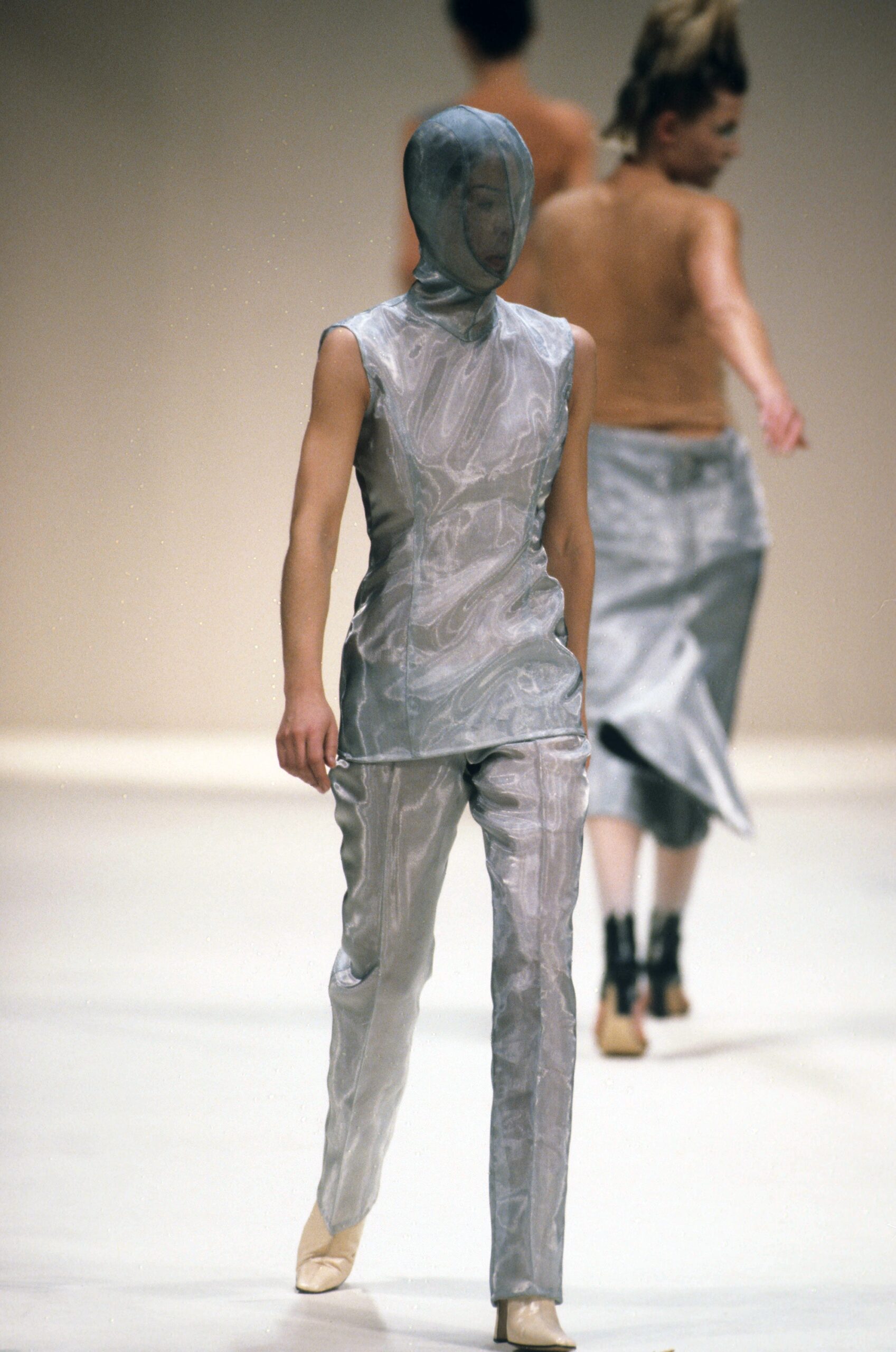 gray silk sleeveless high-neck fitted draped shiny top
