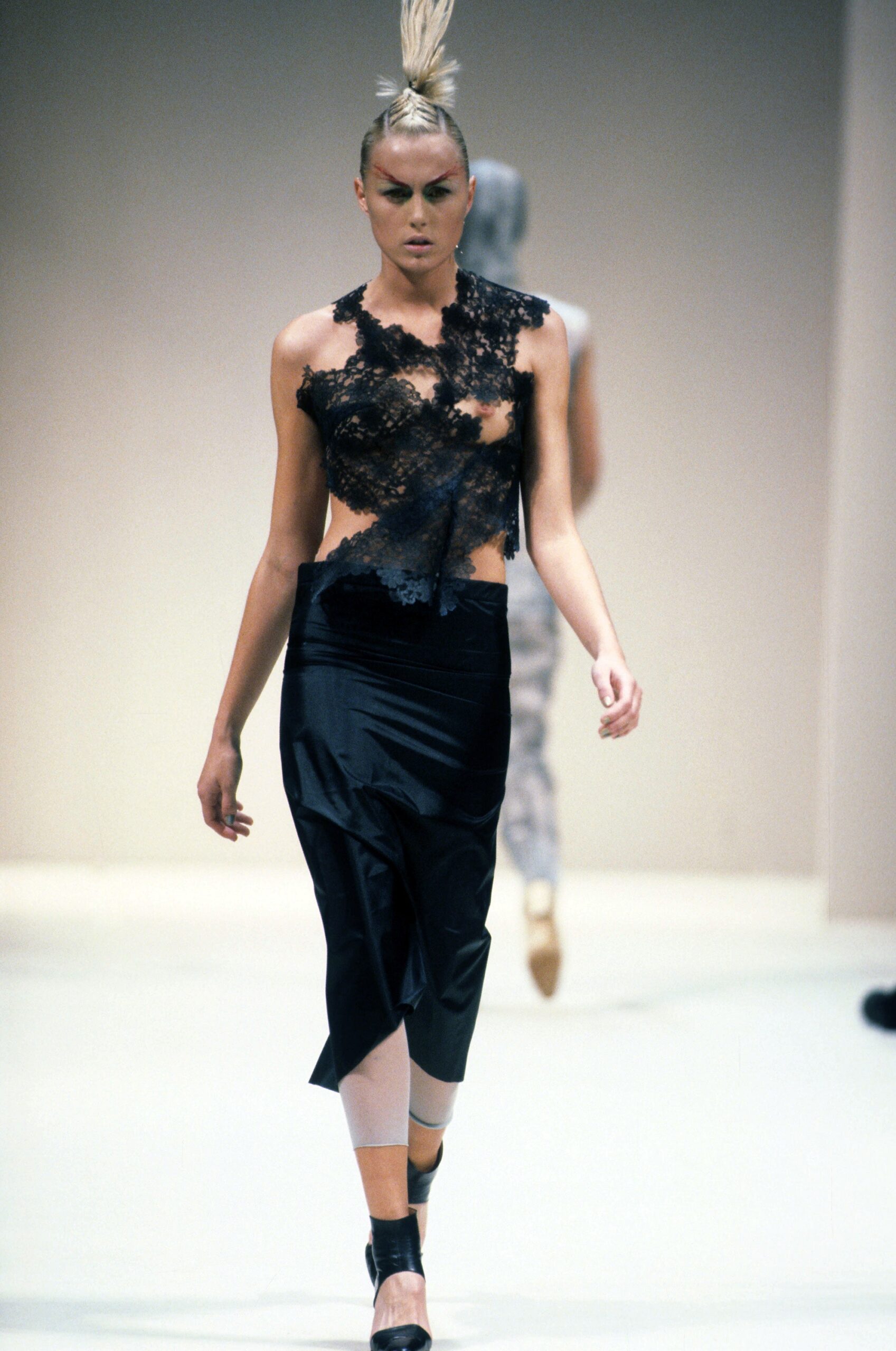 black lace top and silk skirt
