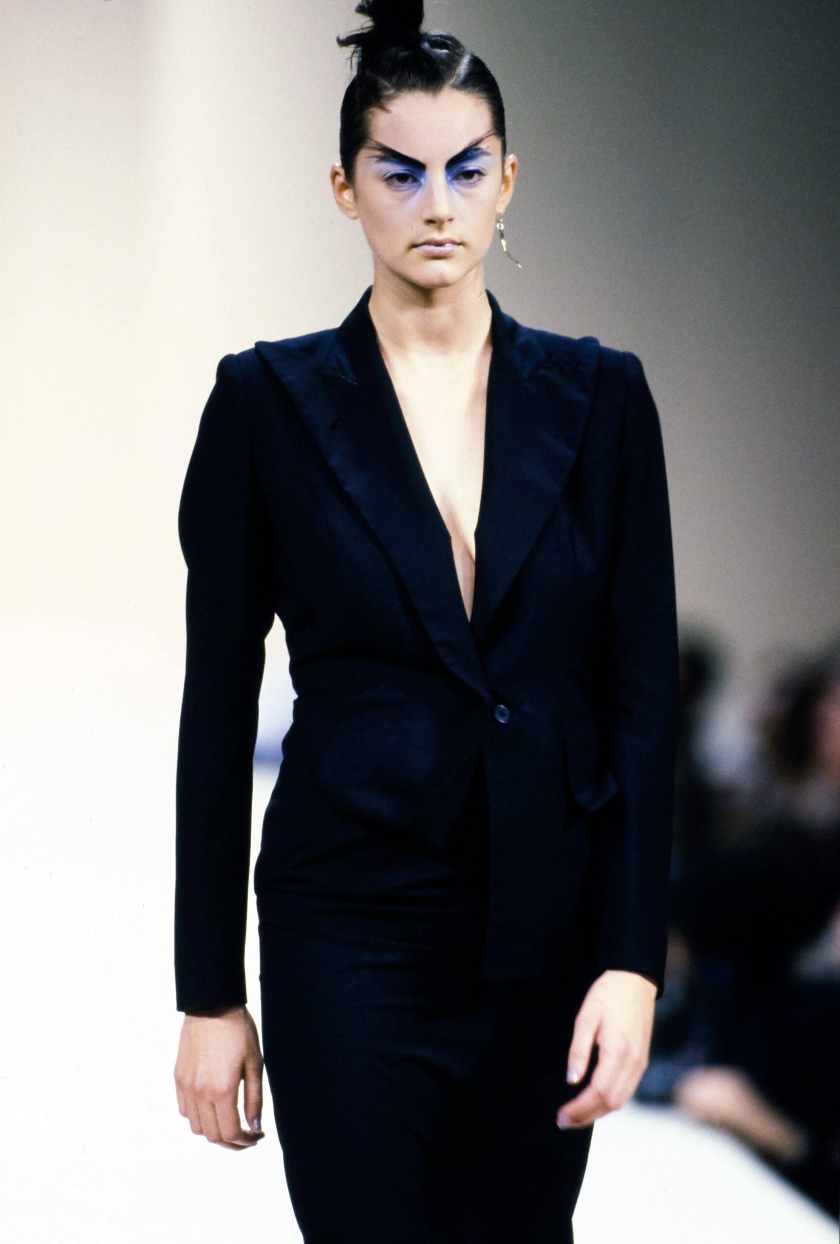 black wool long-sleeve v-neck fitted structured buttoned blazer