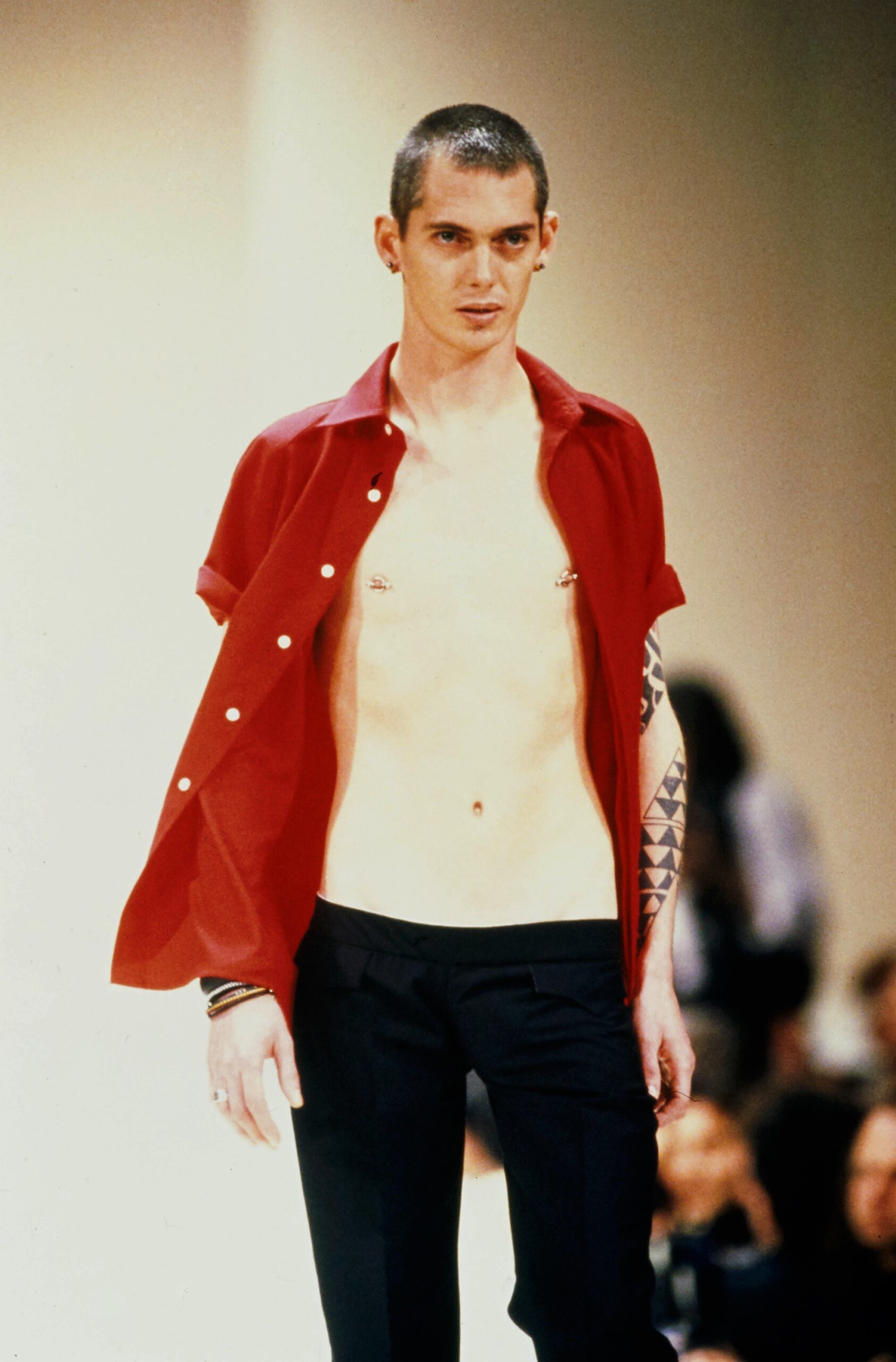 red relaxed shirt with black pants