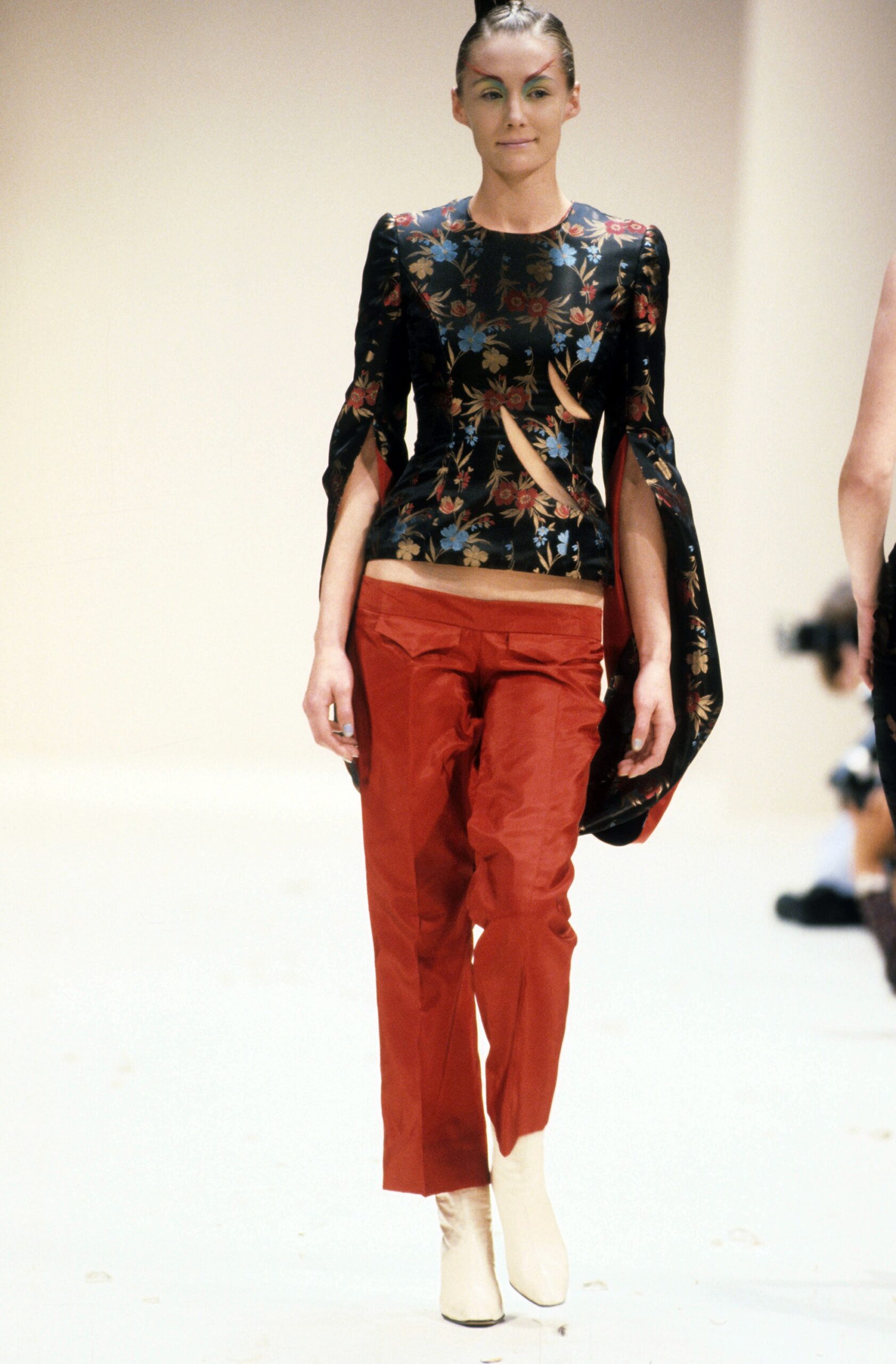 fitted floral top with tailored pants