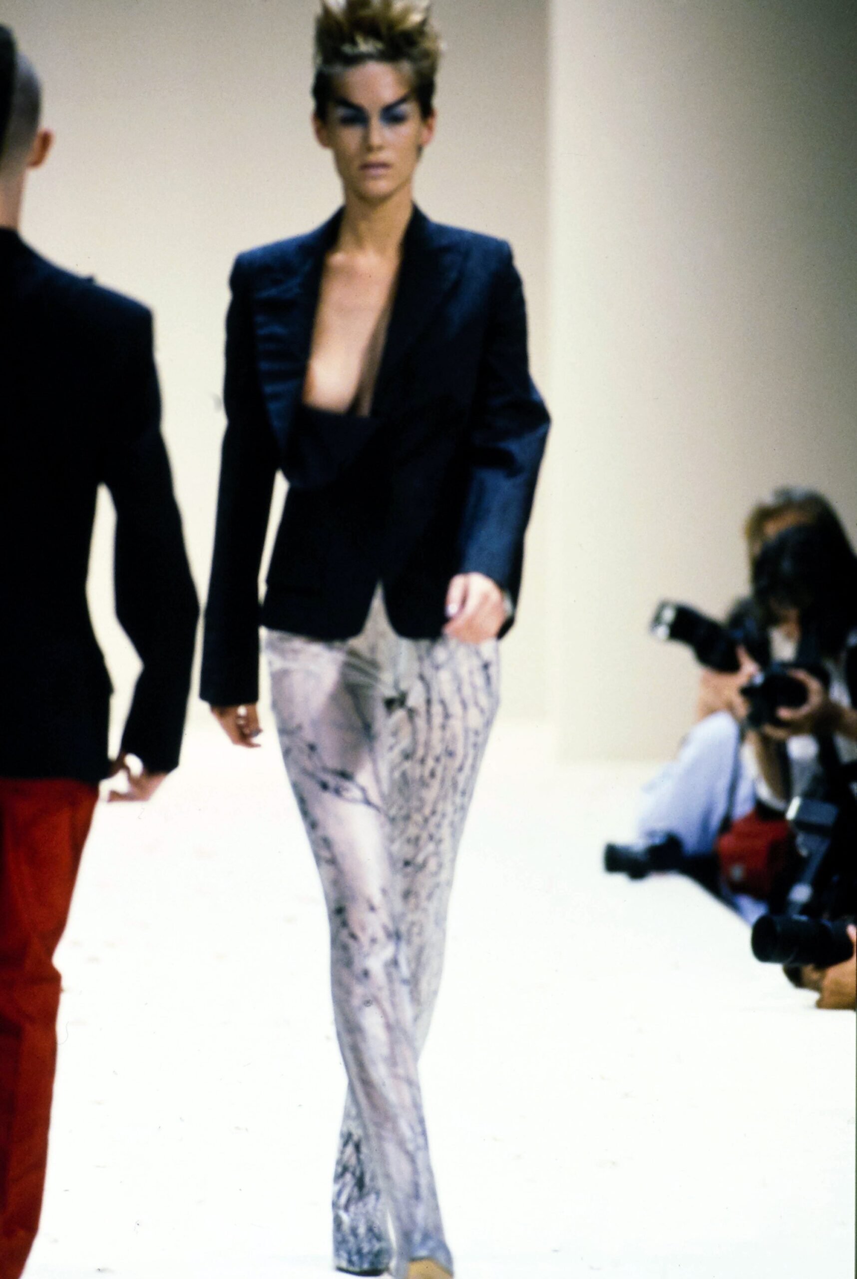 black silk blazer with printed pants
