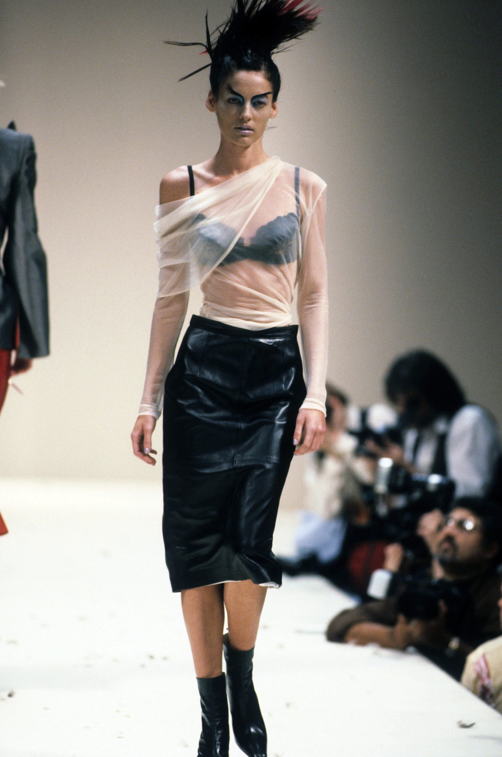 sheer white top black pencil skirt