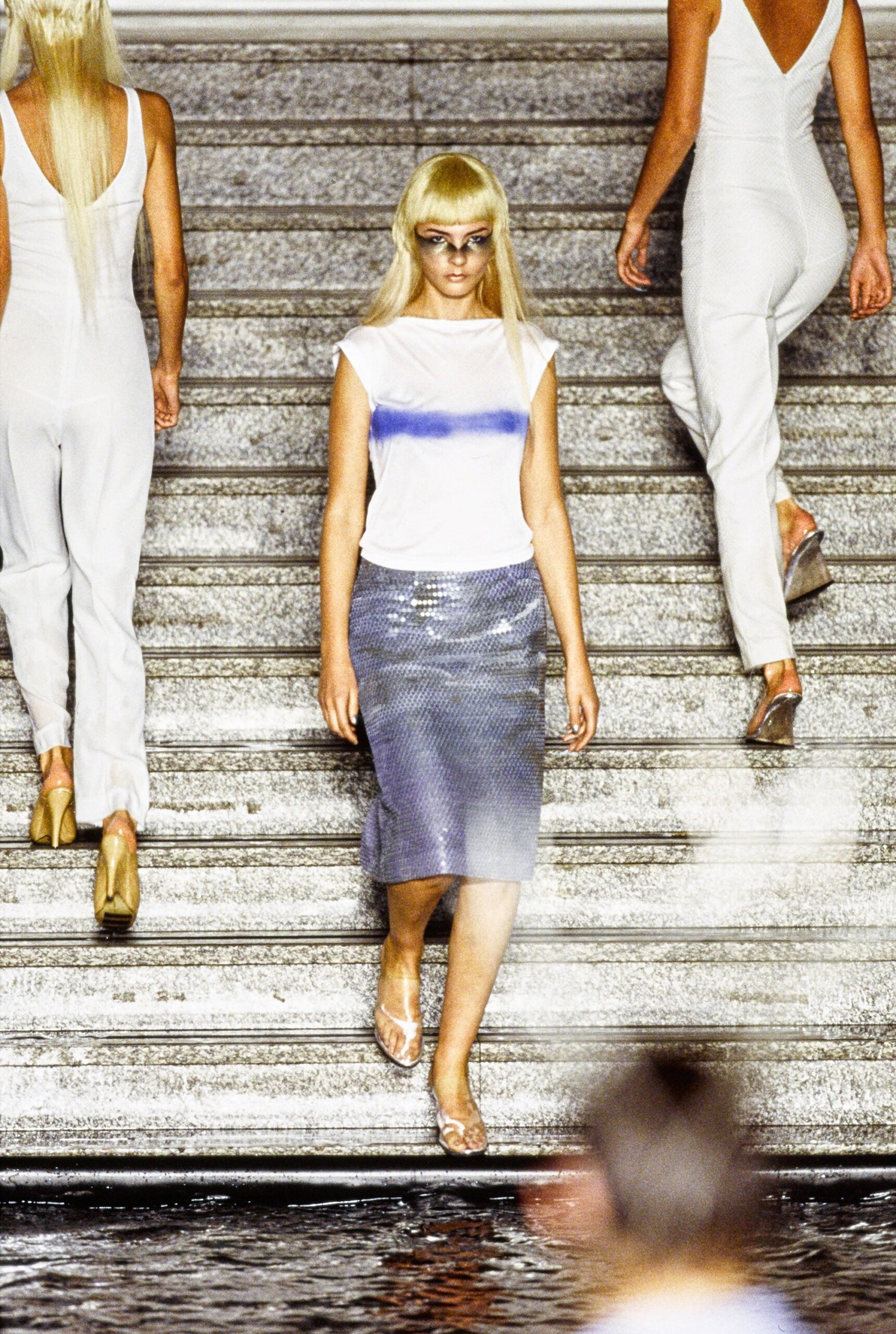 white blue color-blocked top and metallic skirt