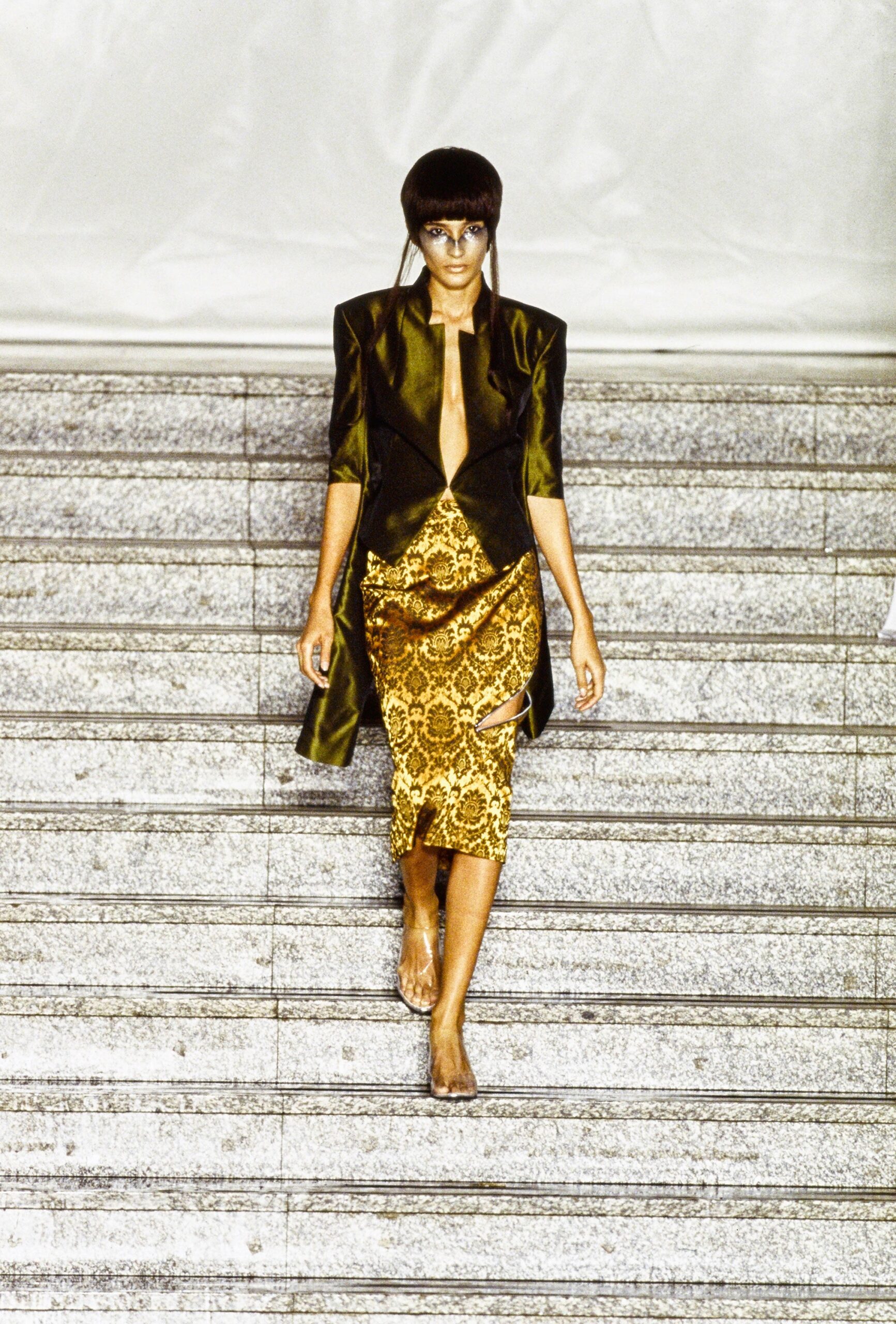 gold embroidered midi dress with black blazer