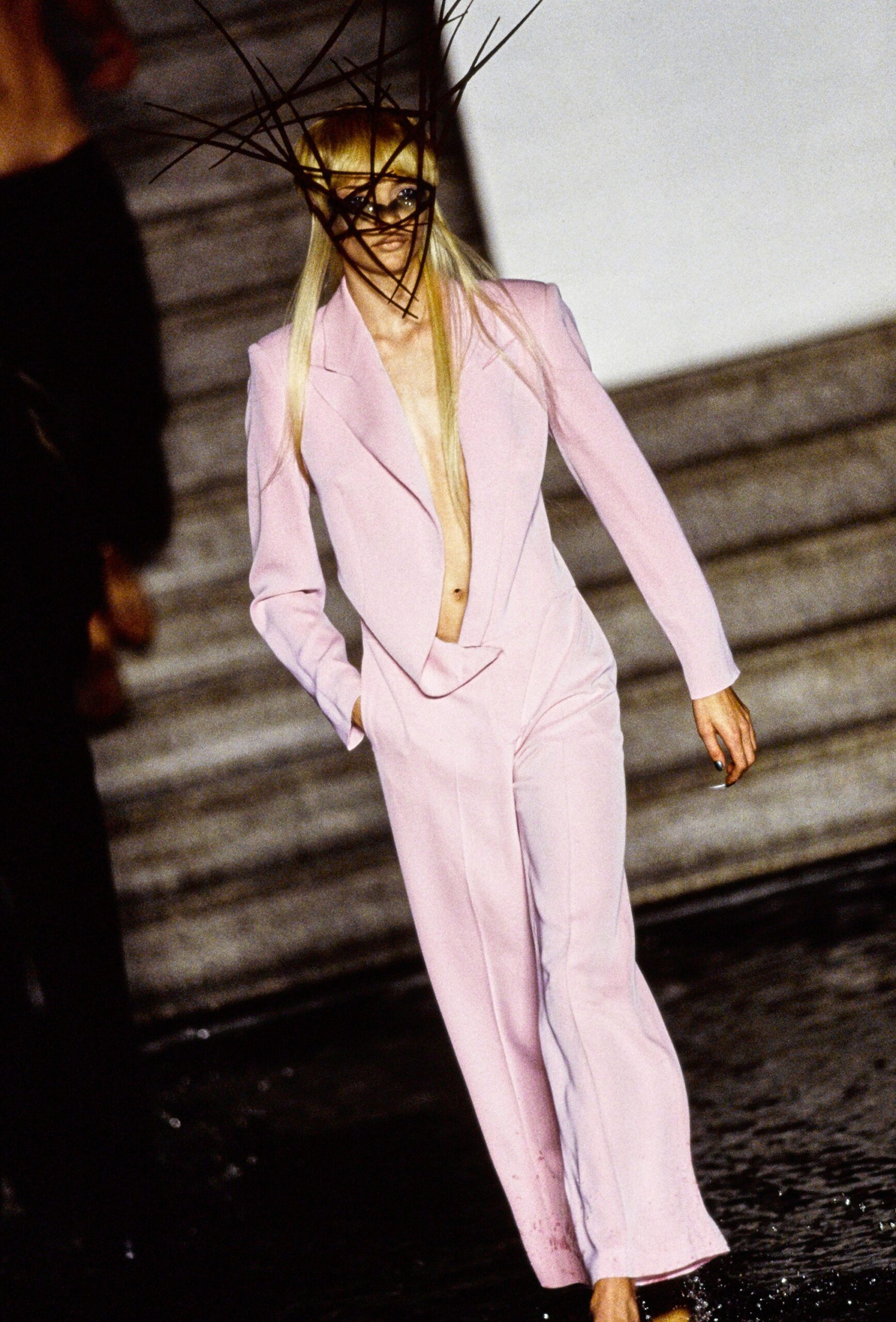pink tailored silk suit