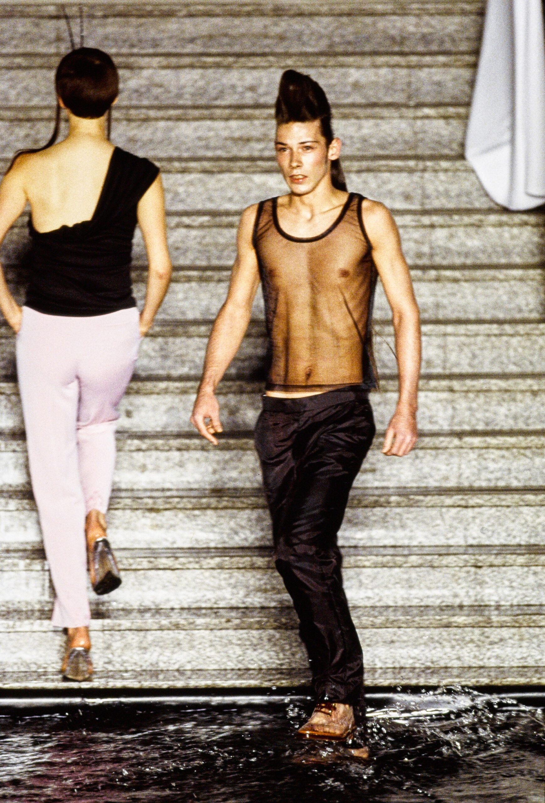 black mesh tank-top and pants