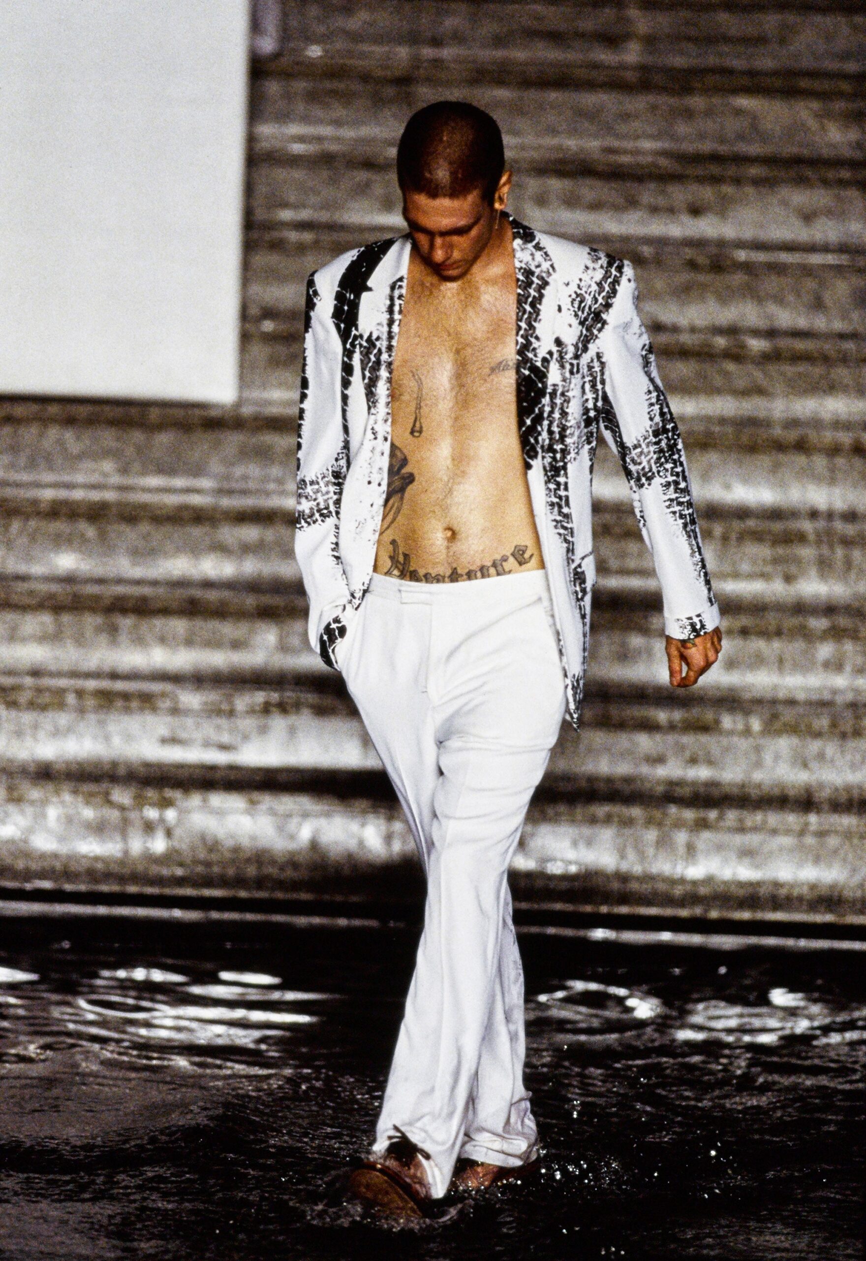 white embroidered silk suit