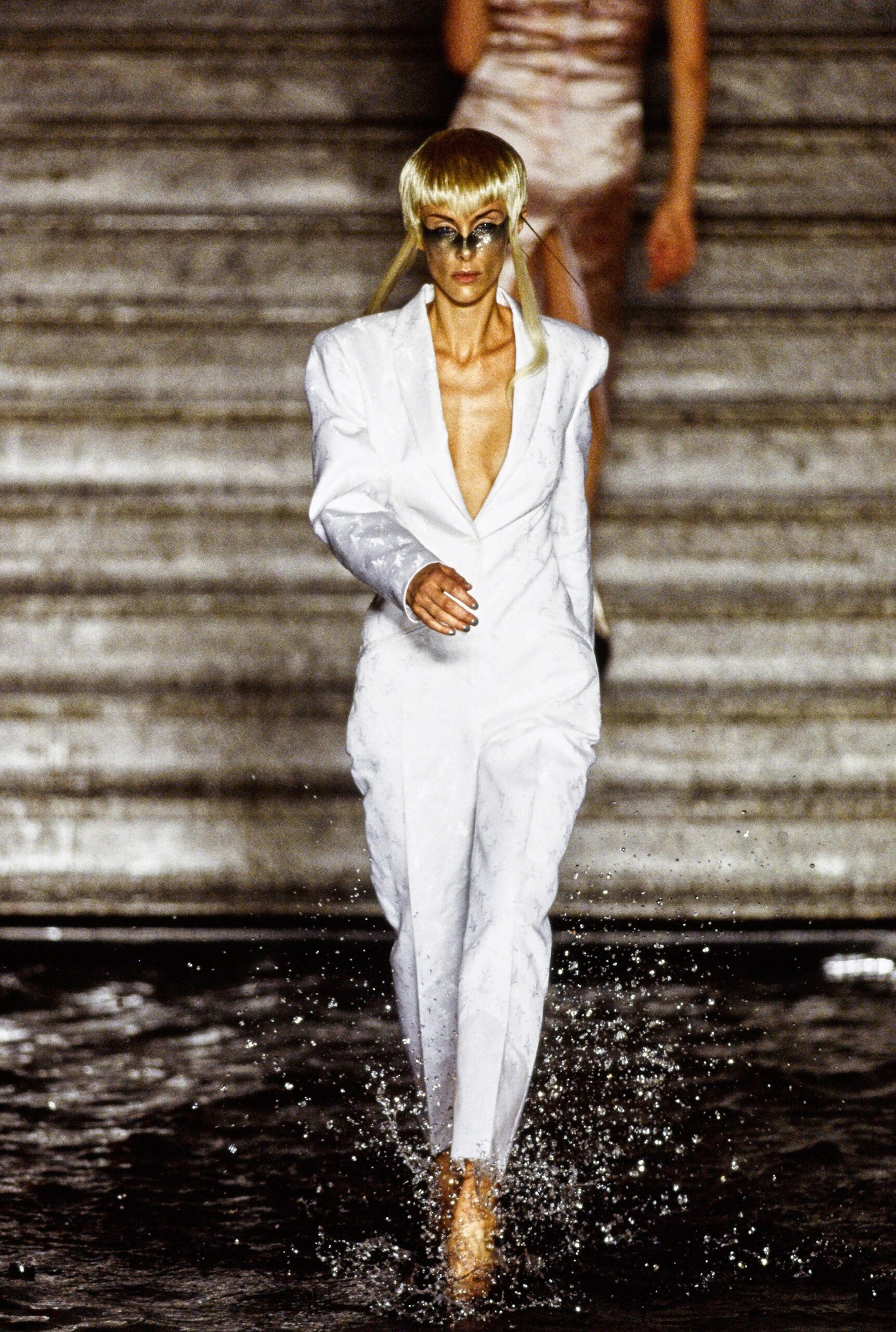 white tailored silk suit
