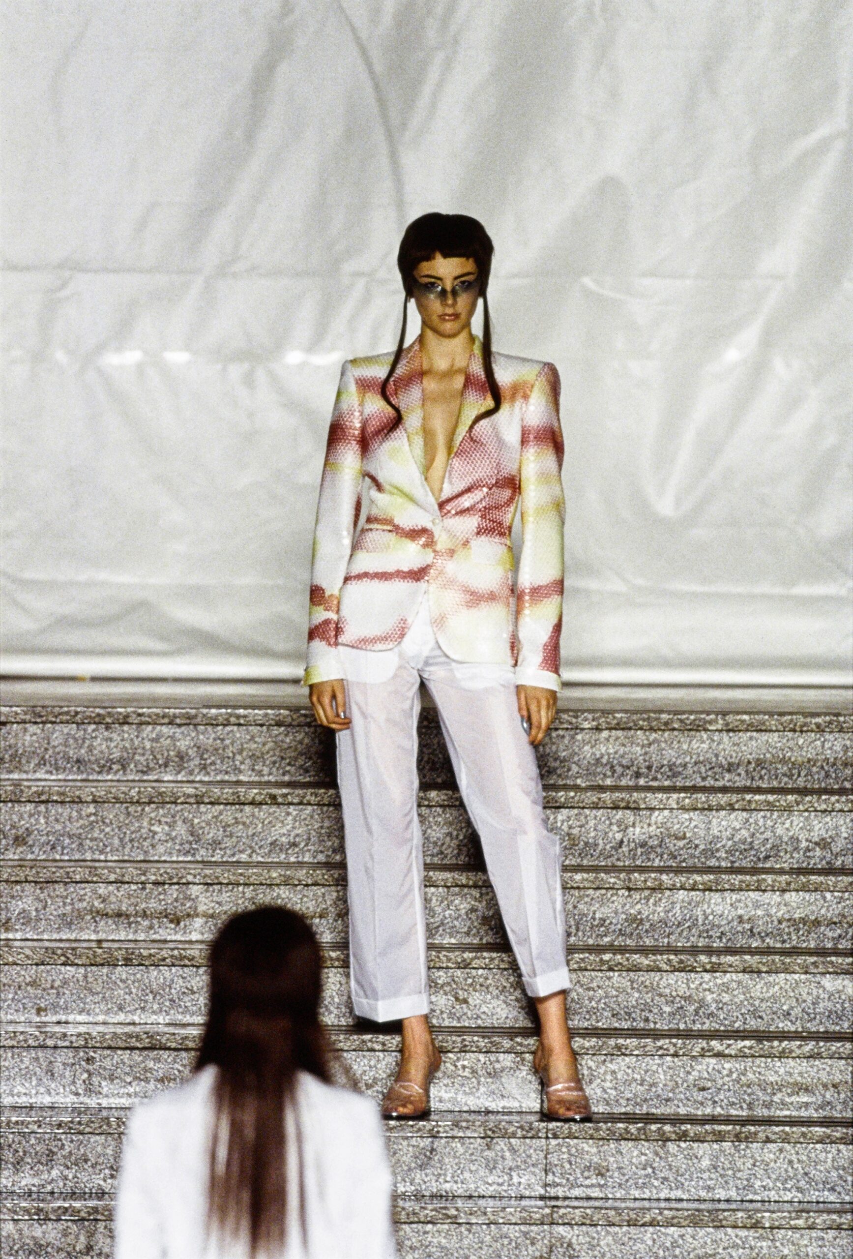 color-blocked silk blazer with relaxed pants