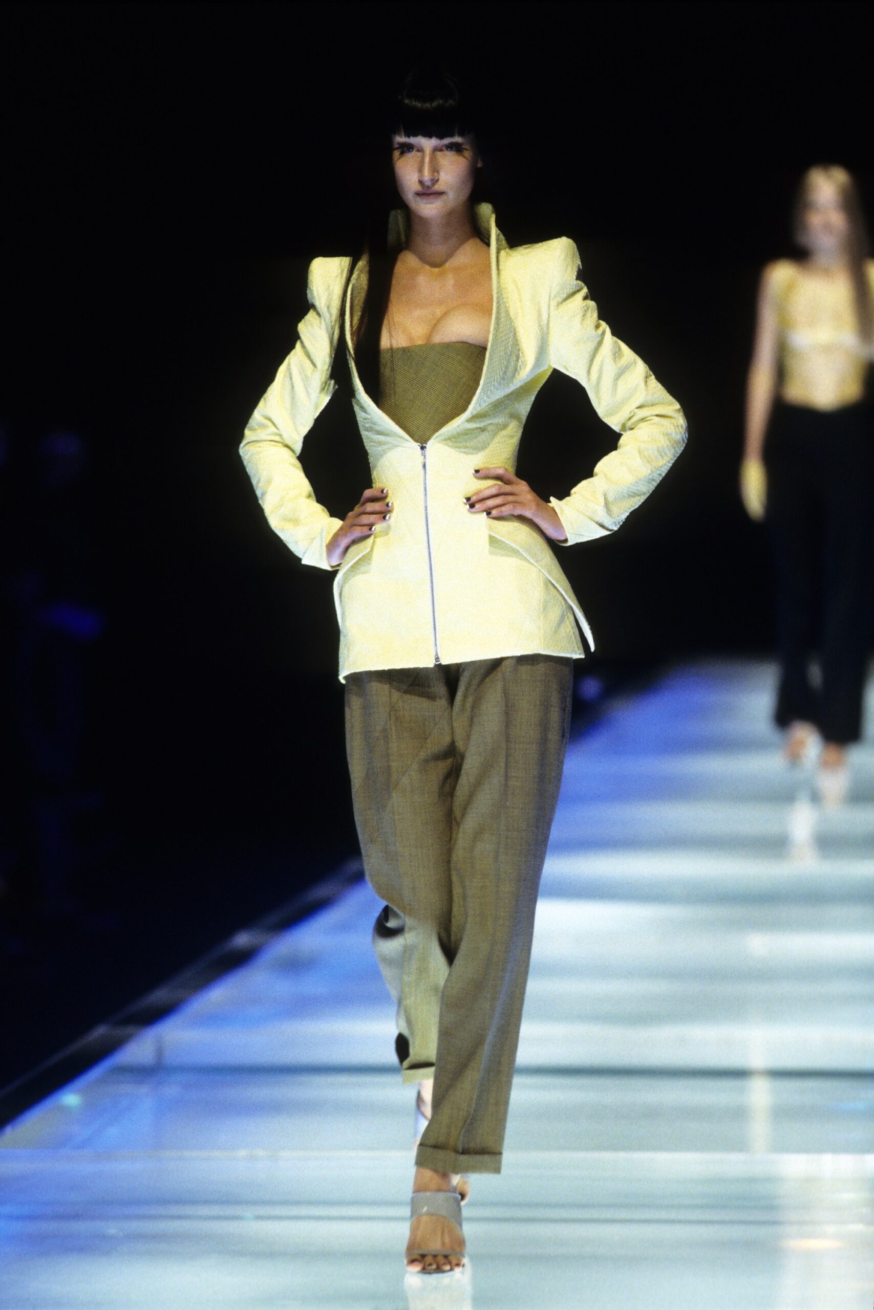 yellow silk long-sleeve v-neck tailored zippered blazer