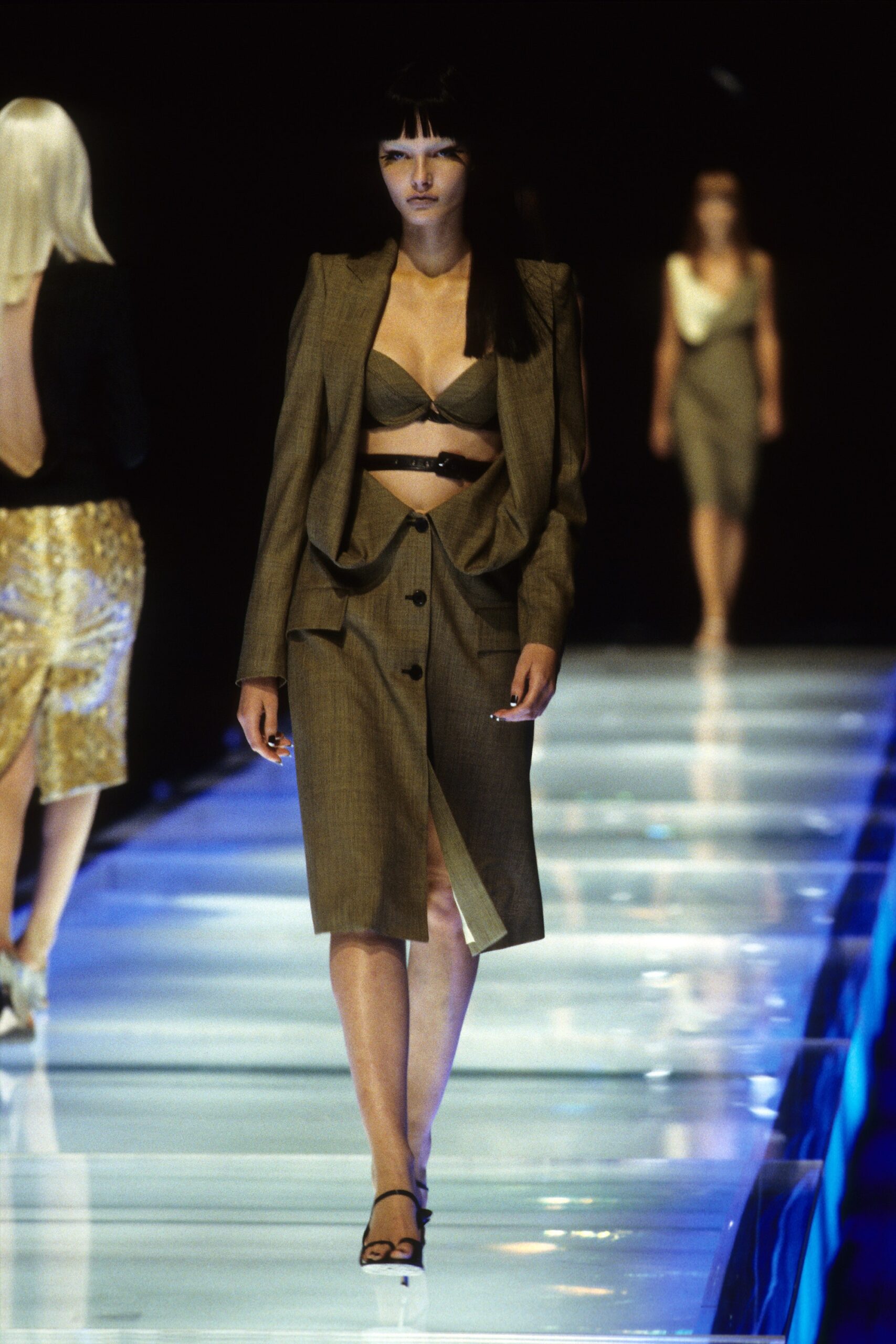gray cotton slit fitted high-waisted pencil skirt