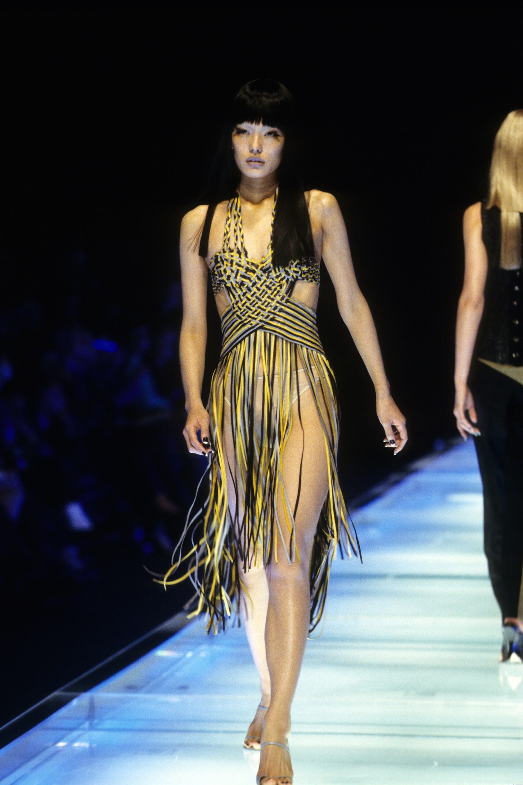 black and yellow fringed mini dress
