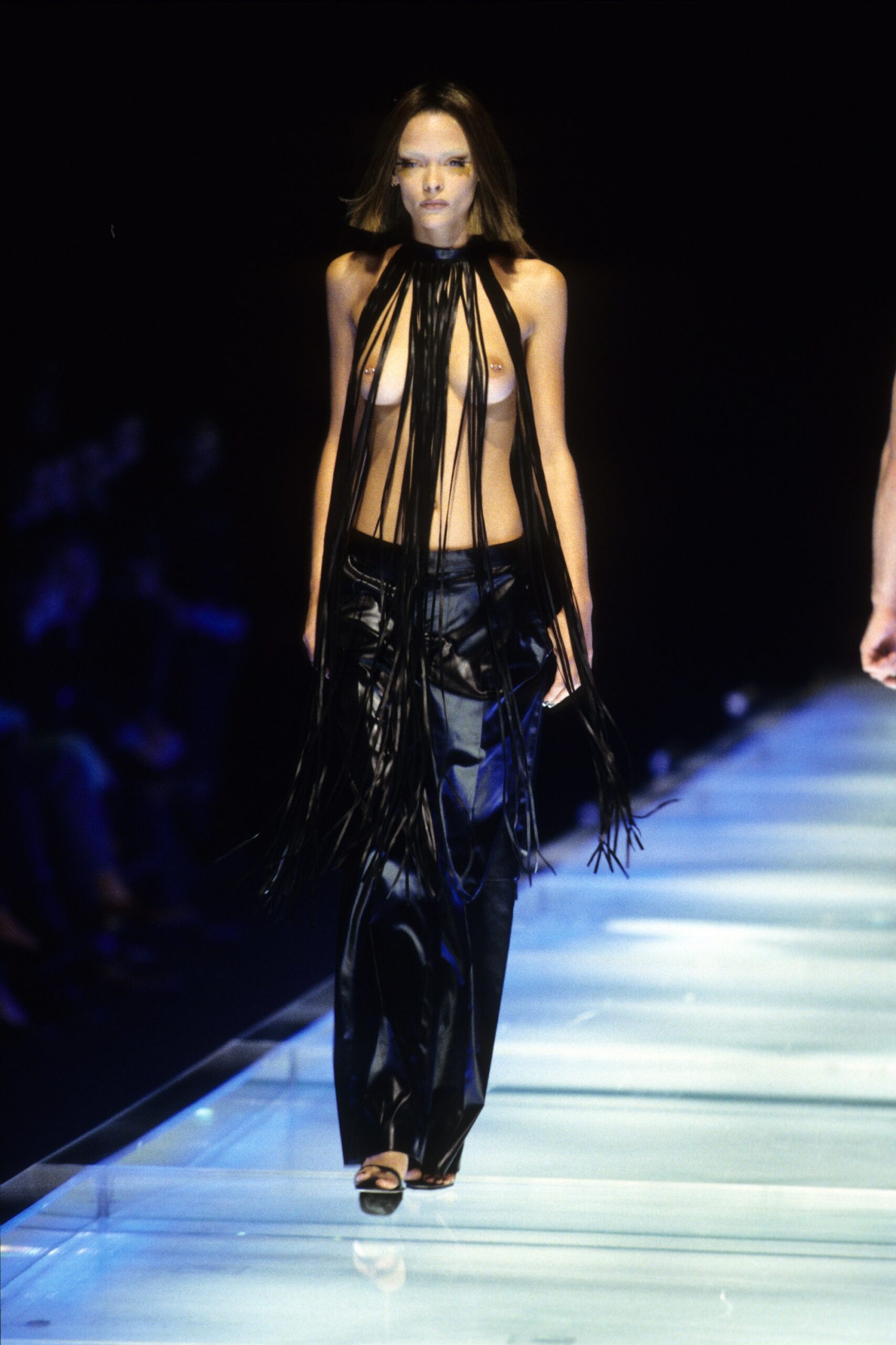black leather sleeveless high-neck fitted fringed top