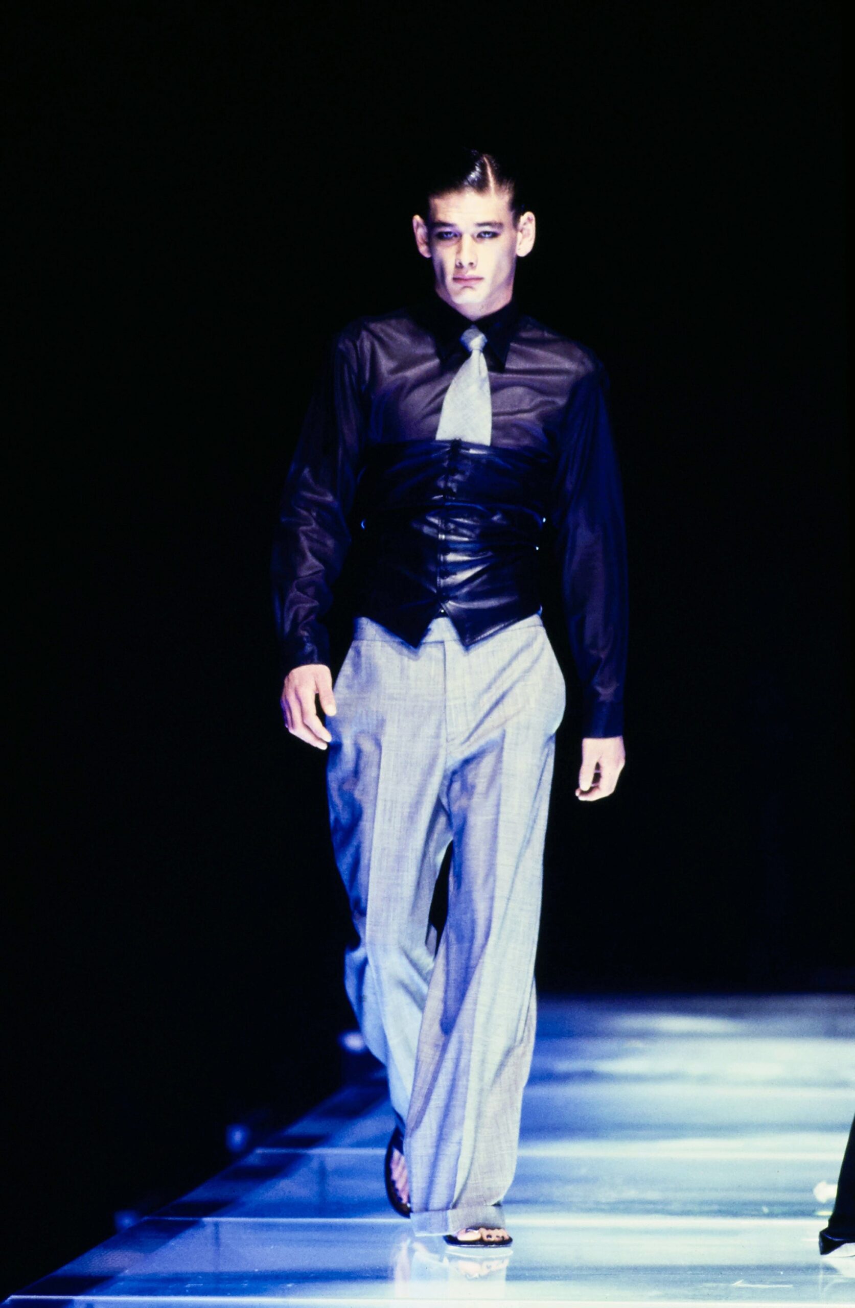 gray wool tailored straight-leg pants
