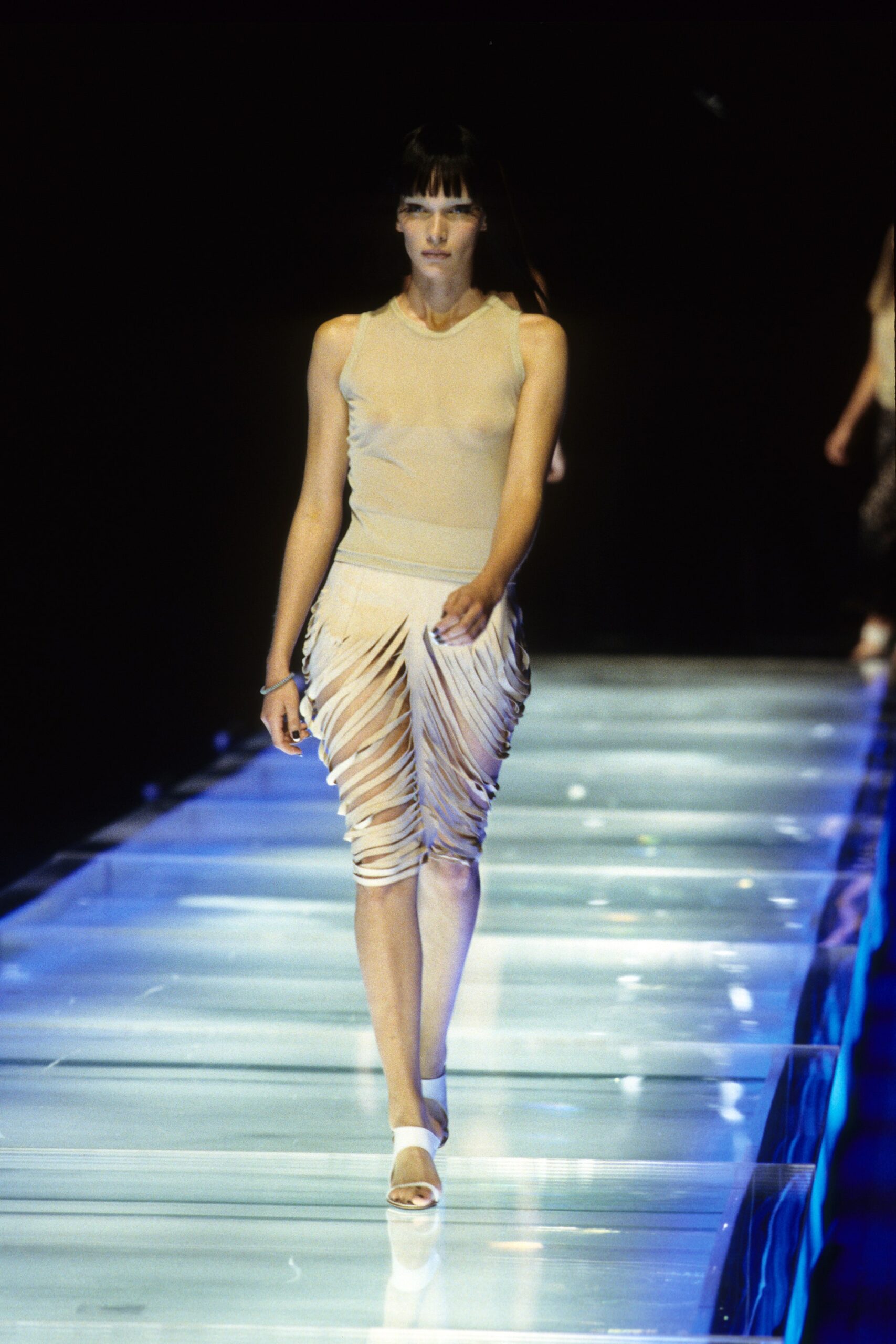 beige silk fitted ruched pants