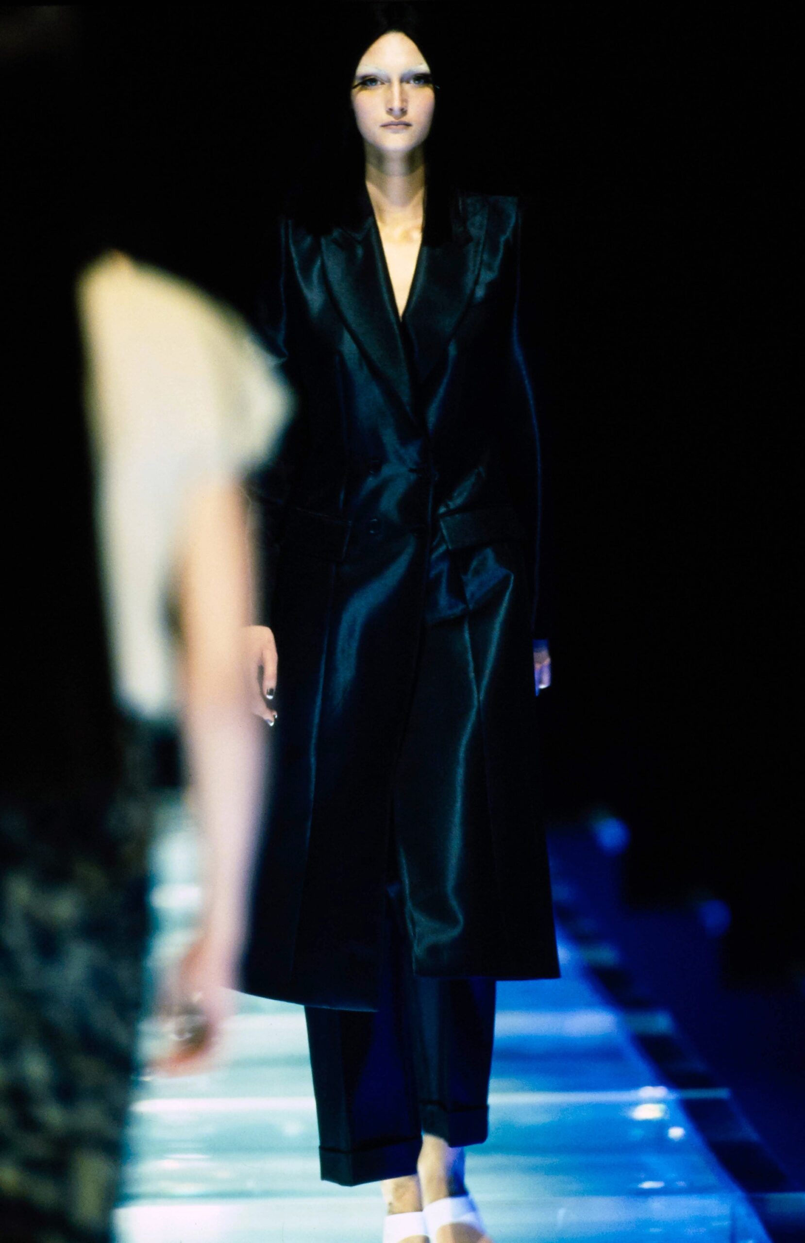 black silk long-sleeve collared fitted structured shiny coat