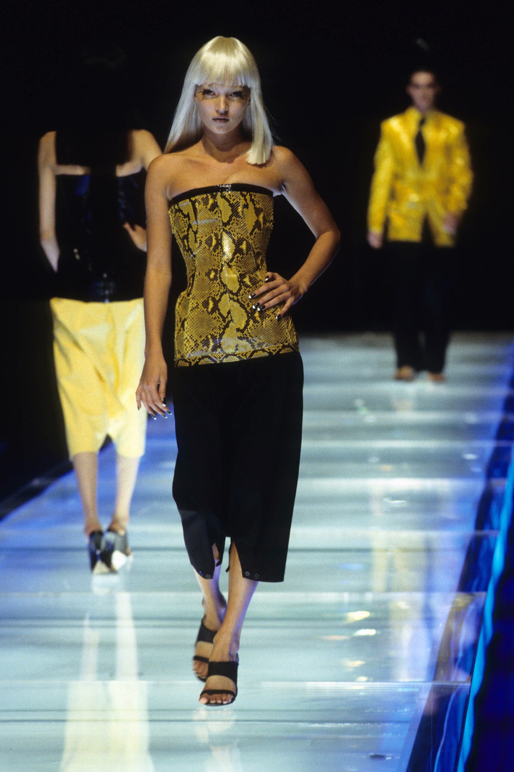 gold silk strapless fitted animal-print top