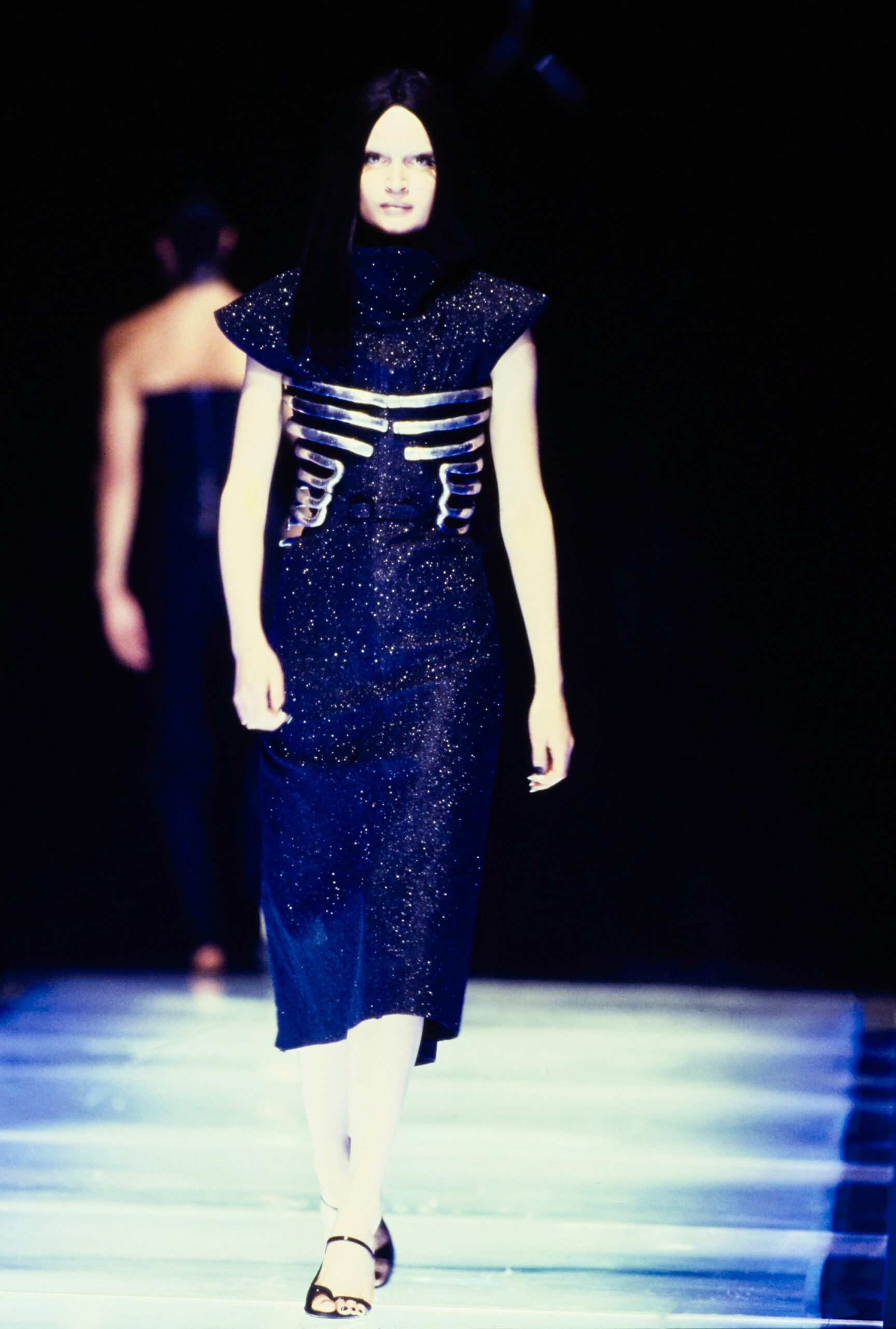blue sequined fitted midi dress