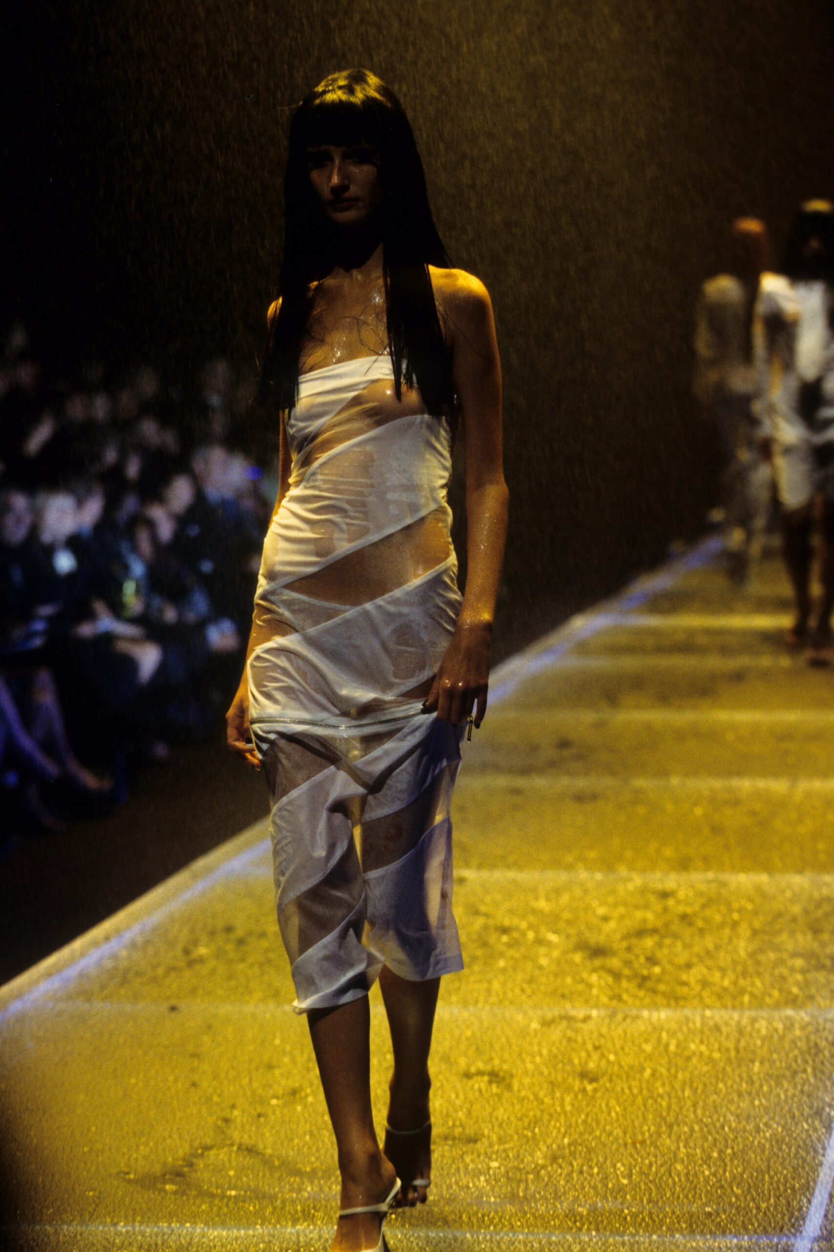white silk fitted dress
