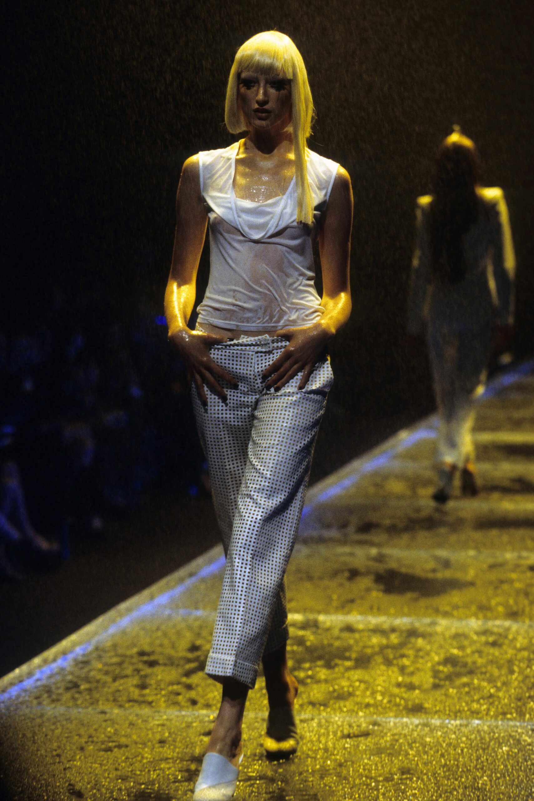 white fitted top and tailored pants