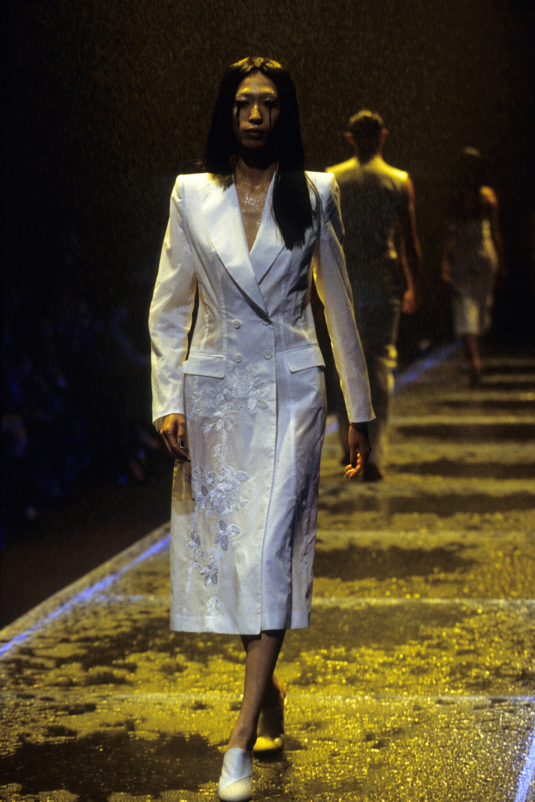 white silk fitted dress