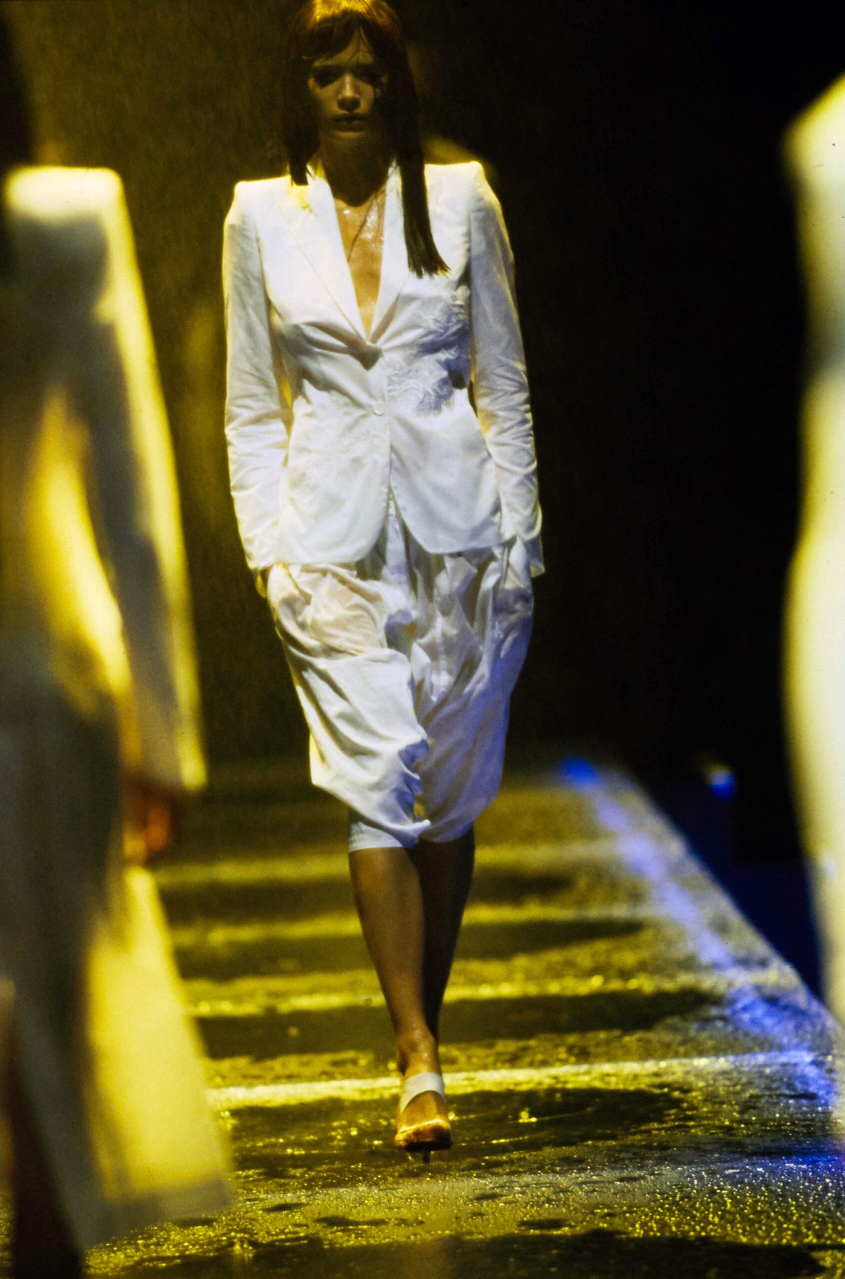 white silk long-sleeve collared fitted buttoned shiny suit