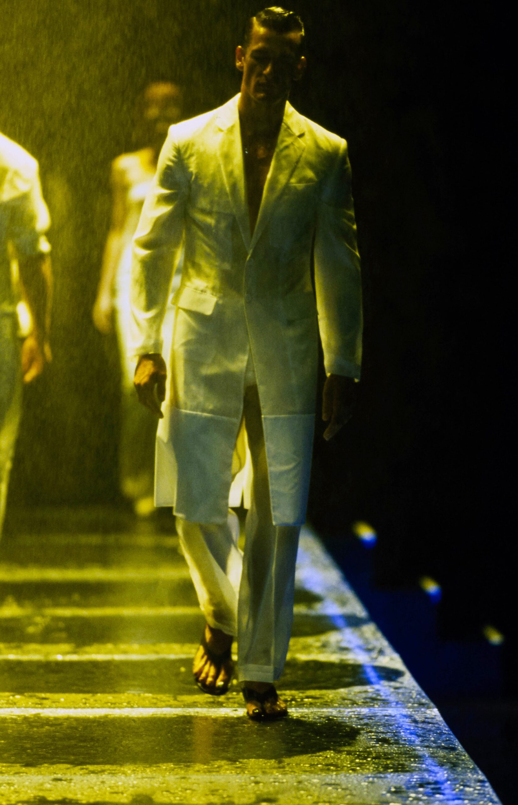 white tailored silk suit