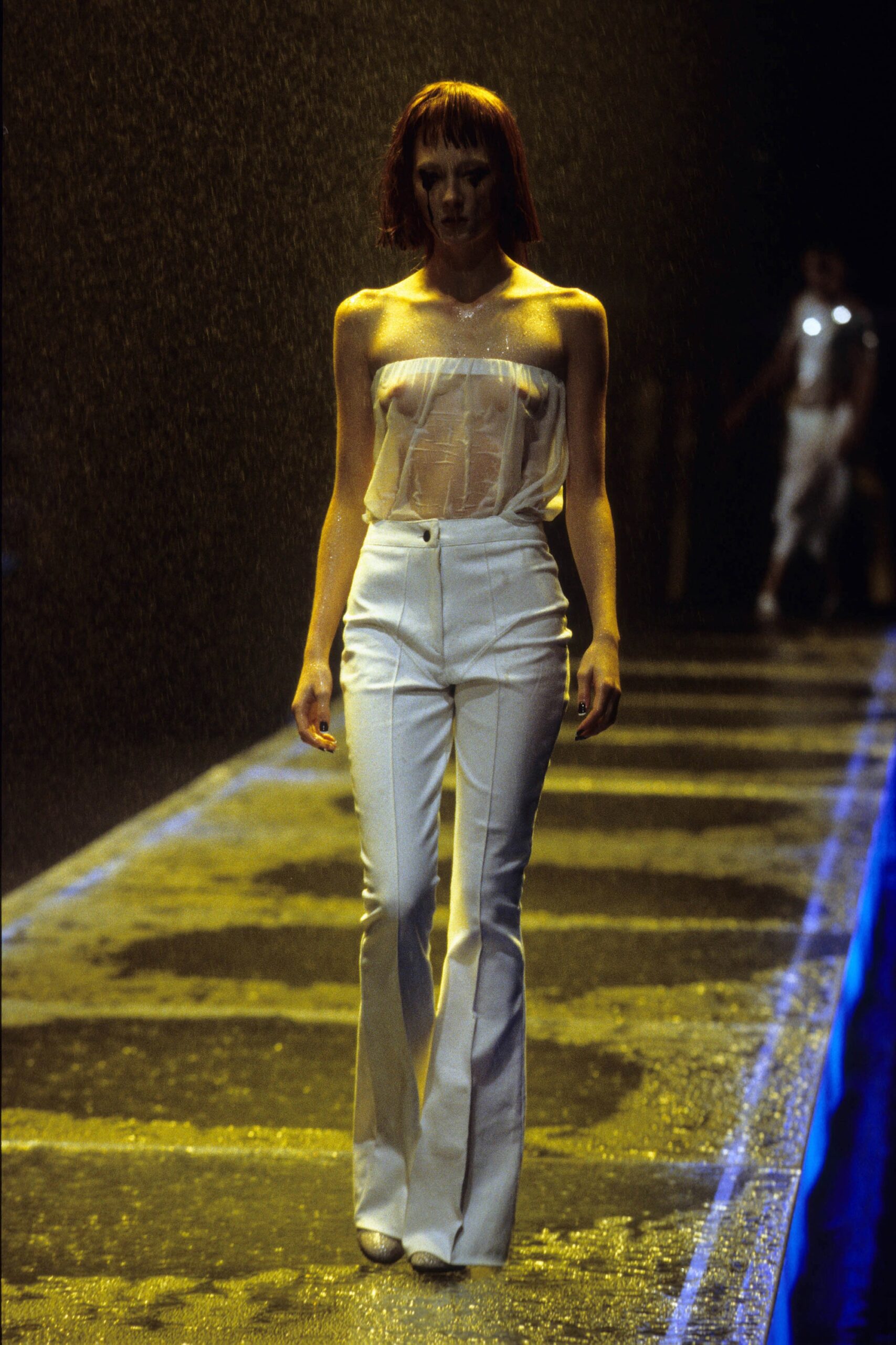 white chiffon sleeveless strapless fitted sheer flowing top