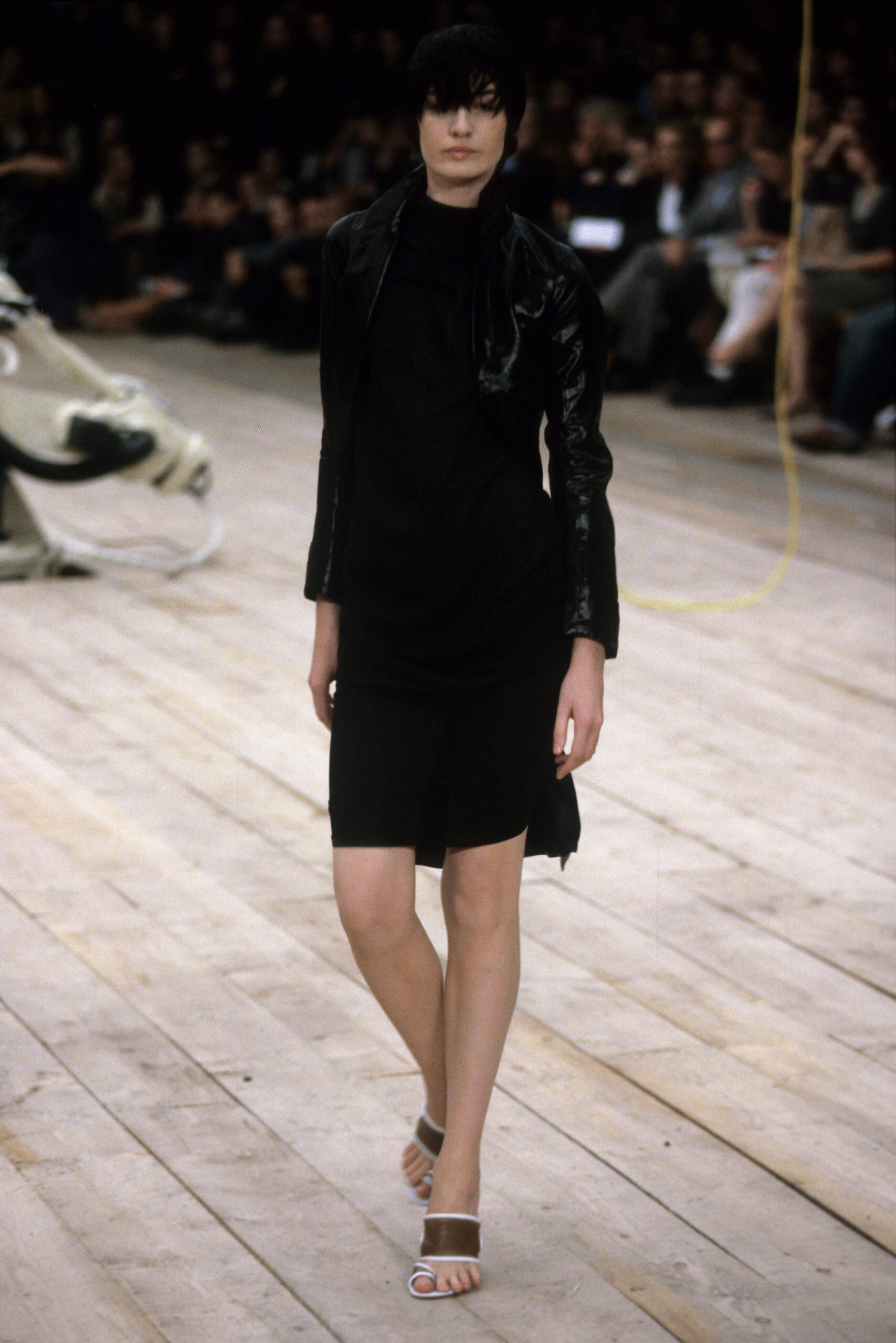 black leather fitted dress and jacket