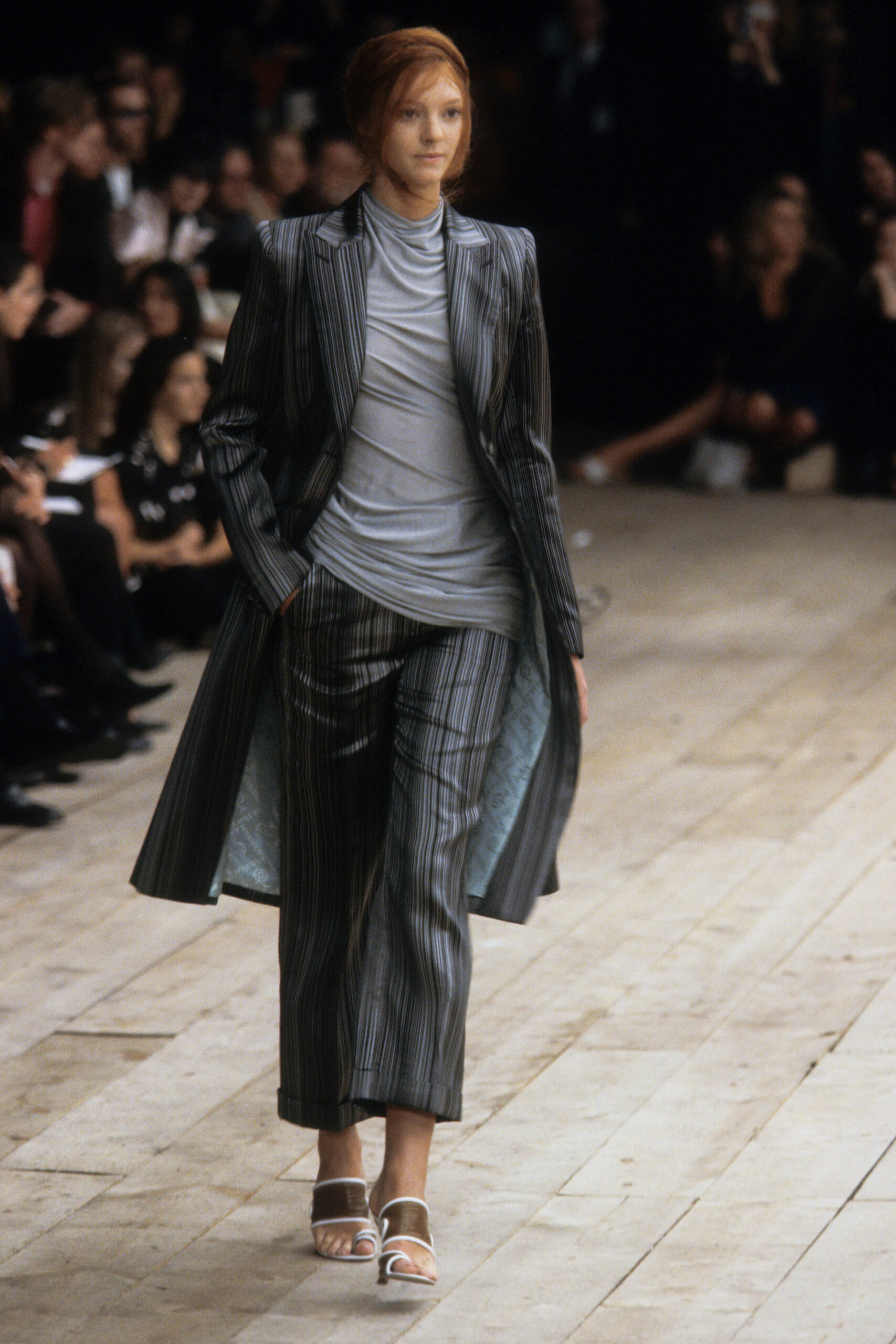 gray tailored coat with slim pants
