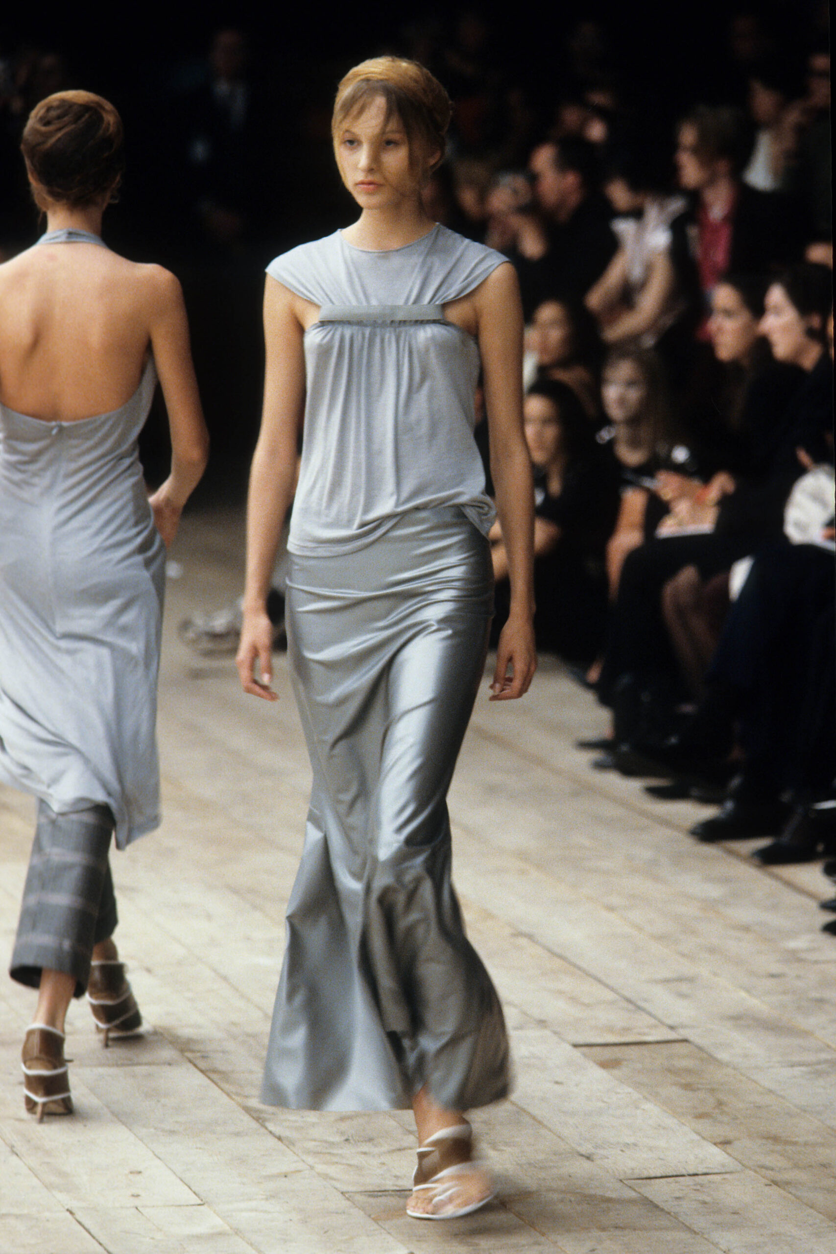fitted silver satin maxi dress