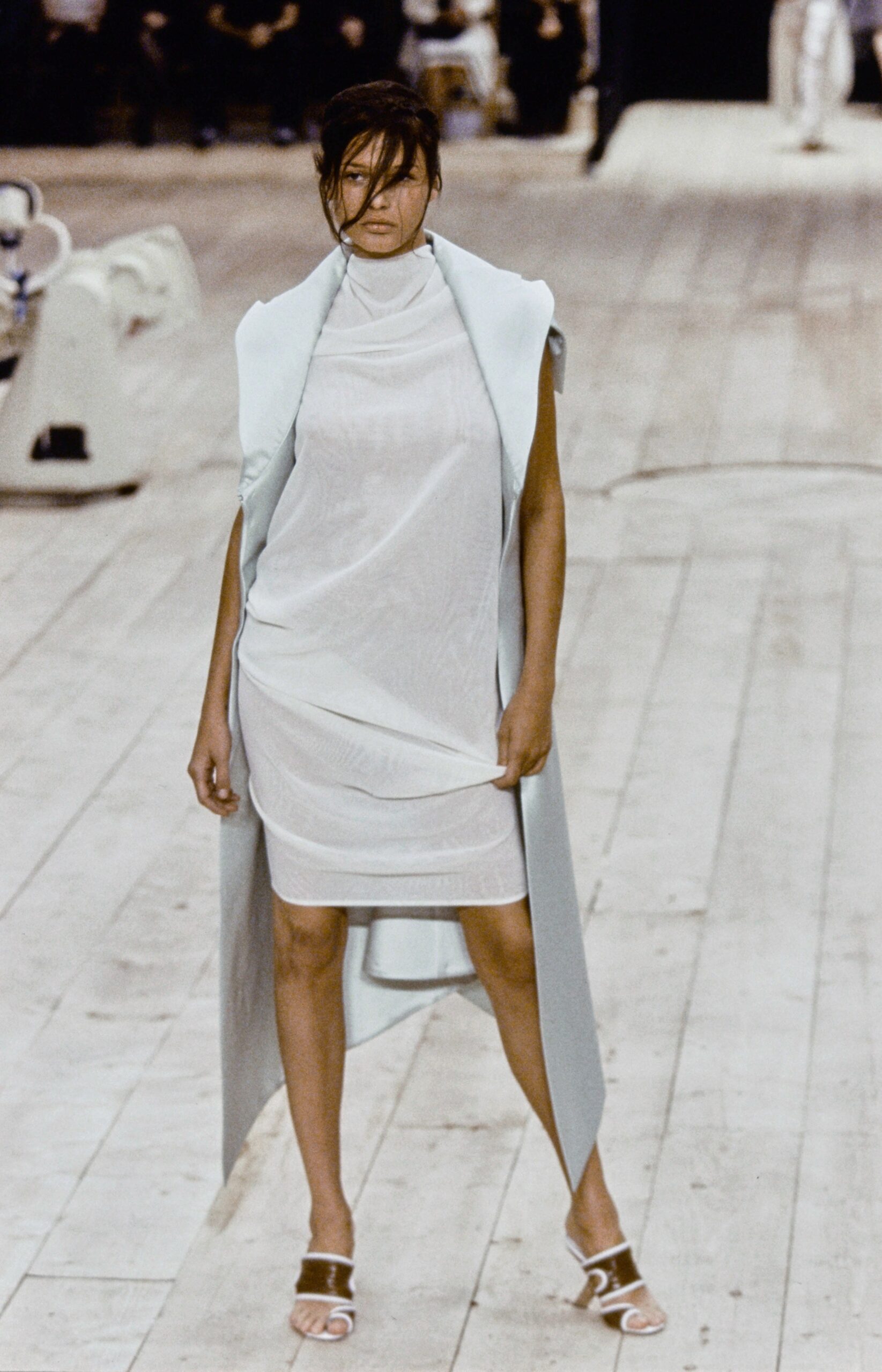 white silk sleeveless high-neck fitted straight-leg sheer dress