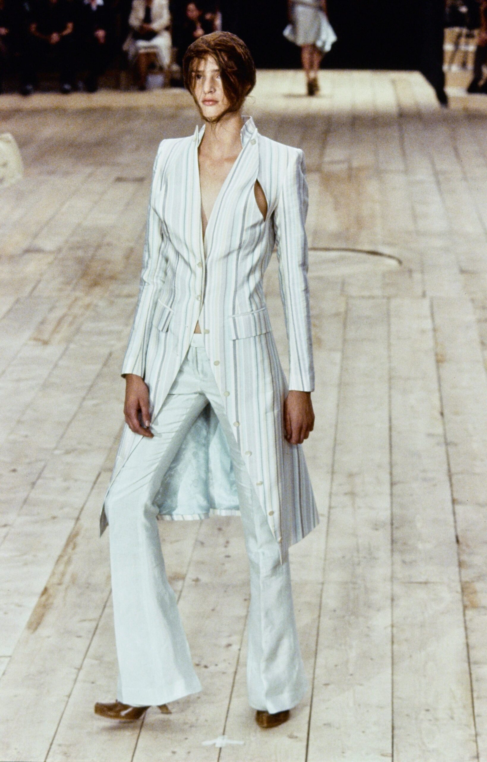 white striped fitted suit