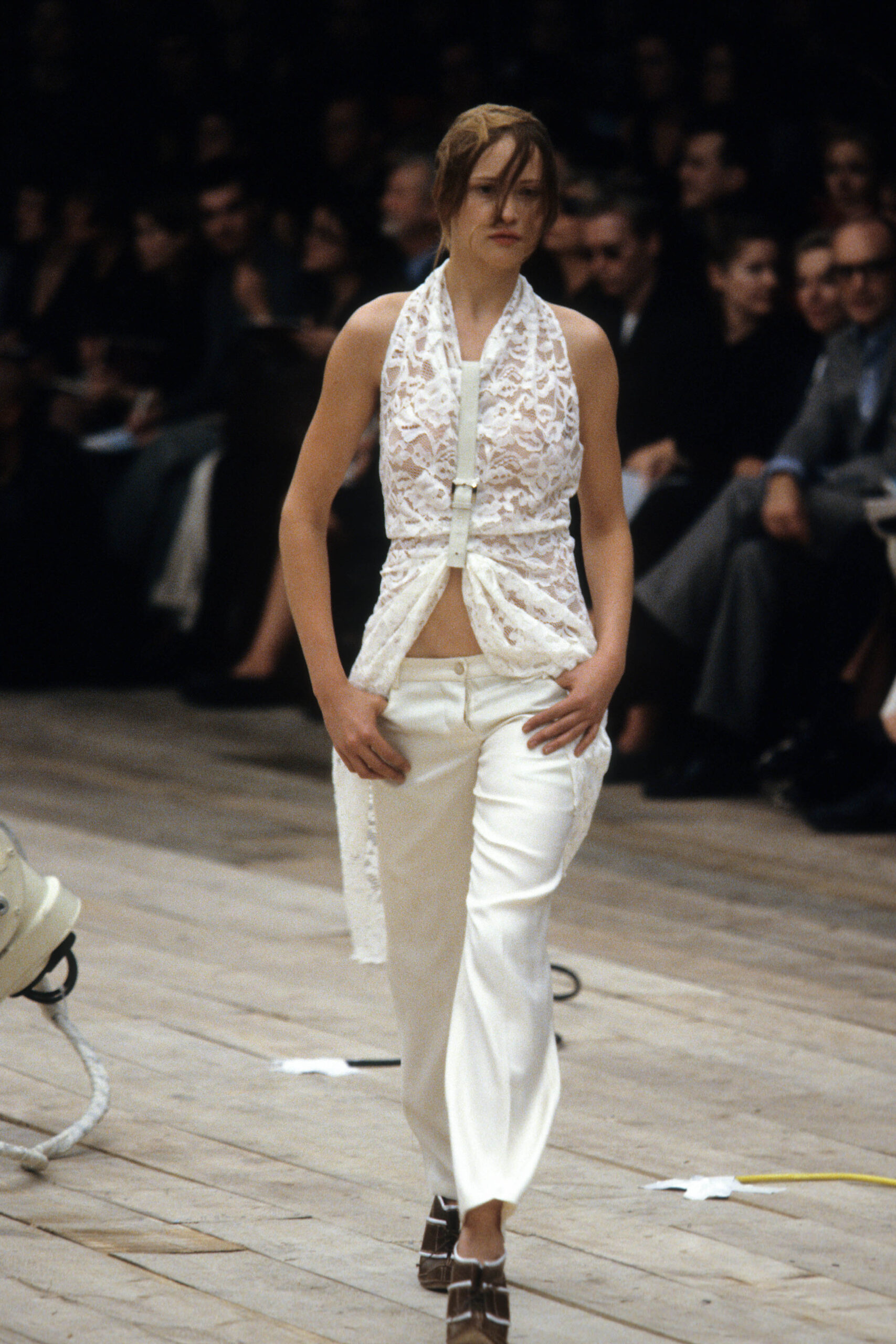 white lace top and relaxed pants