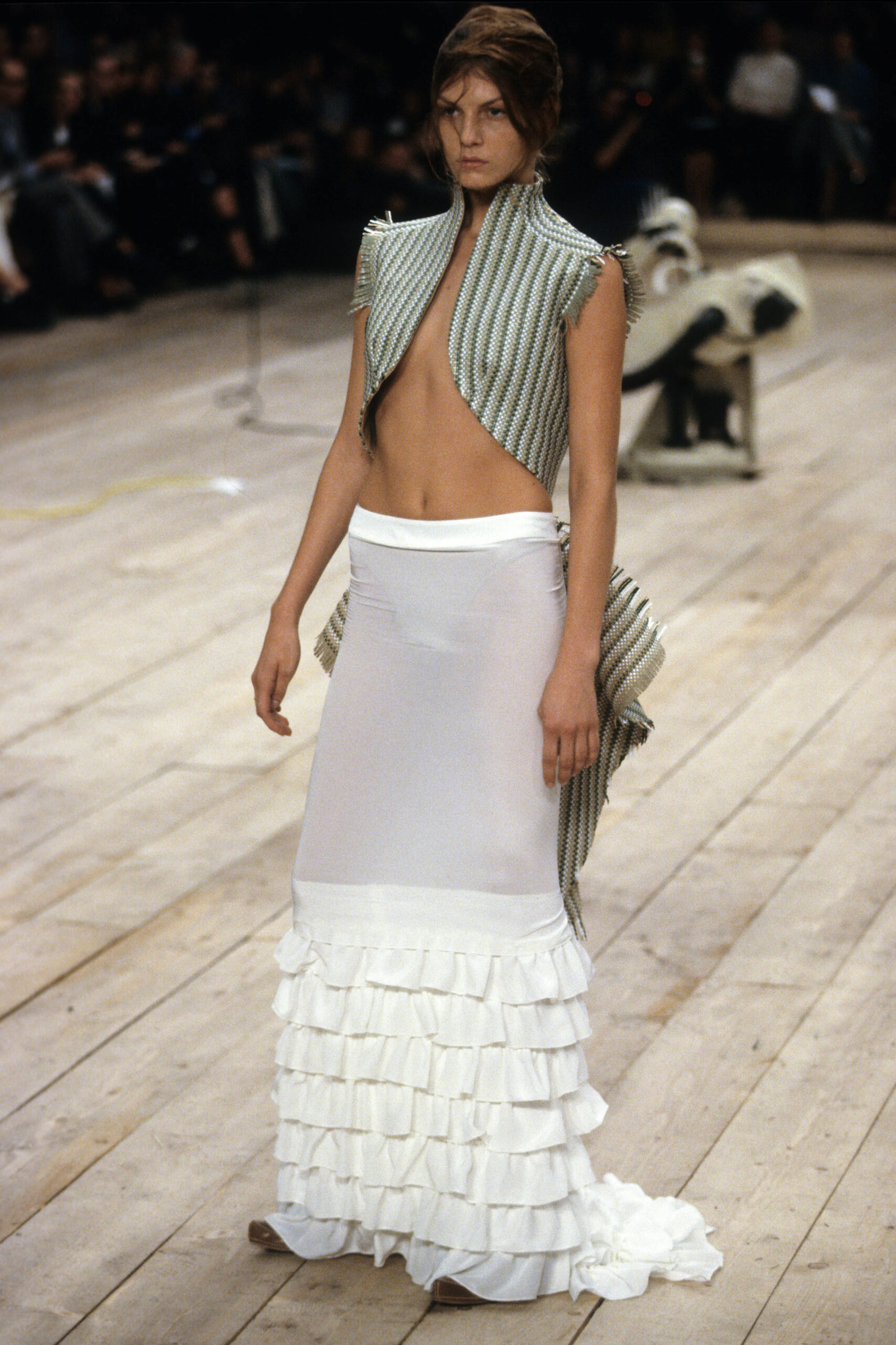 green and white layered top with pleated skirt