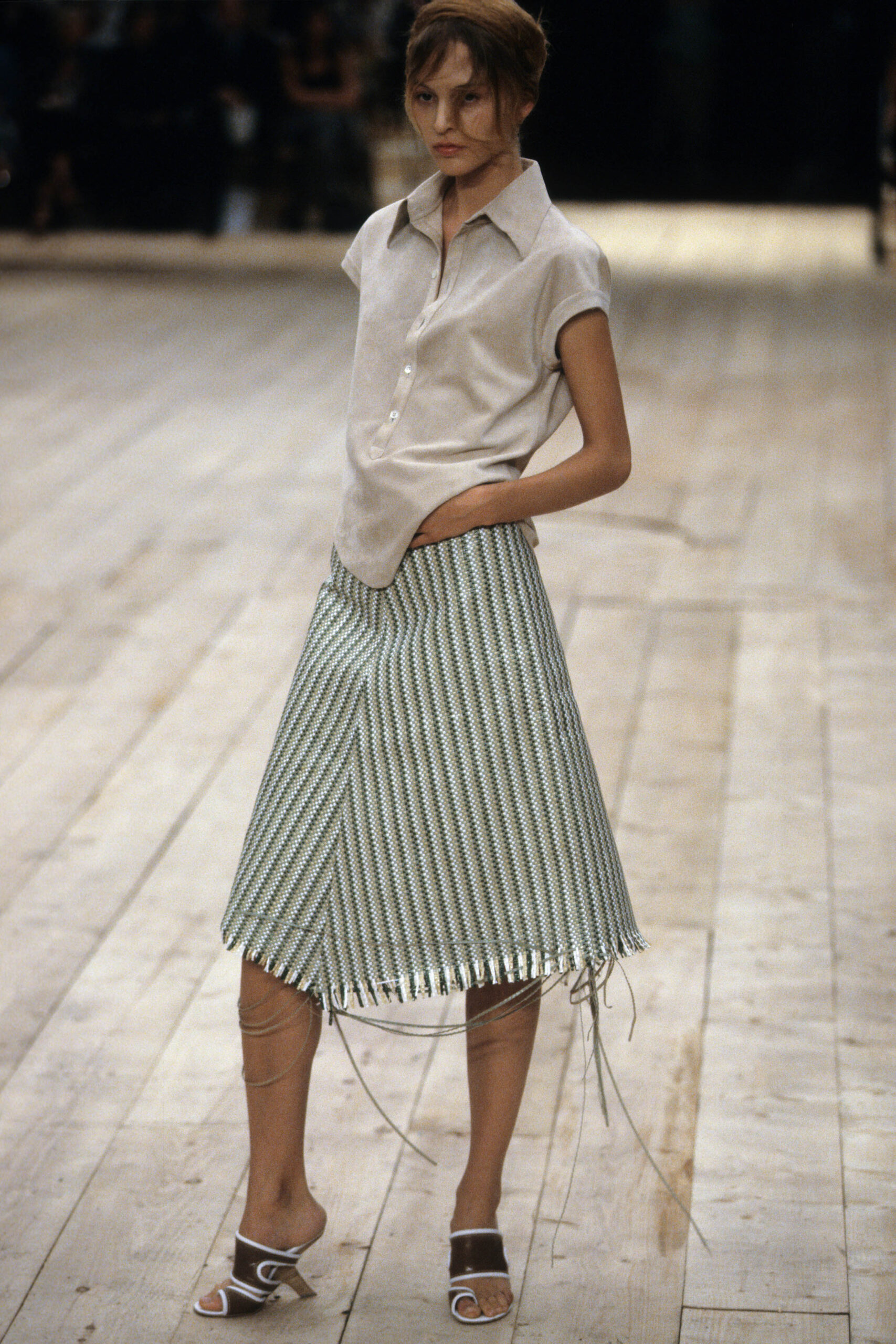 beige relaxed shirt with asymmetric green skirt