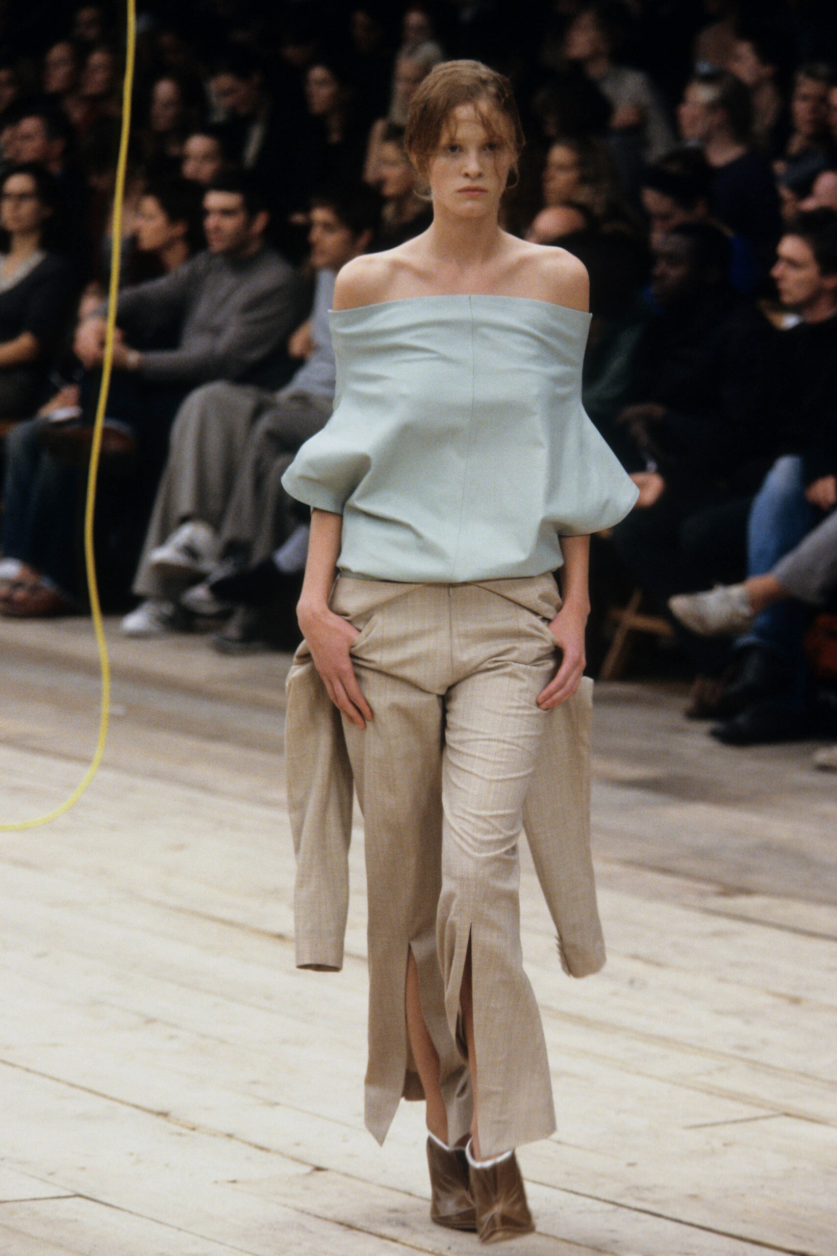 beige linen slit fitted high-waisted straight-leg pants