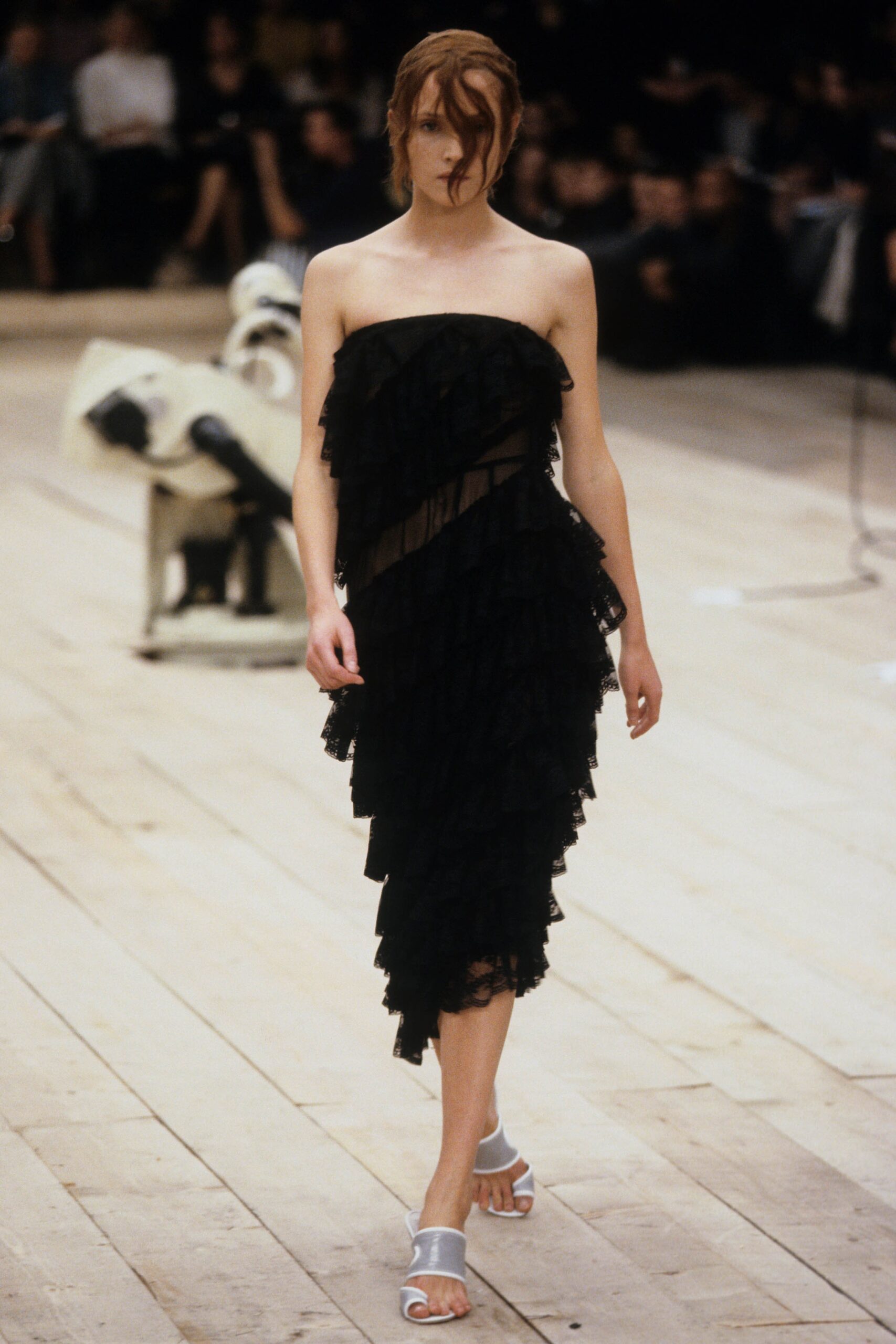 black lace ruffled midi dress