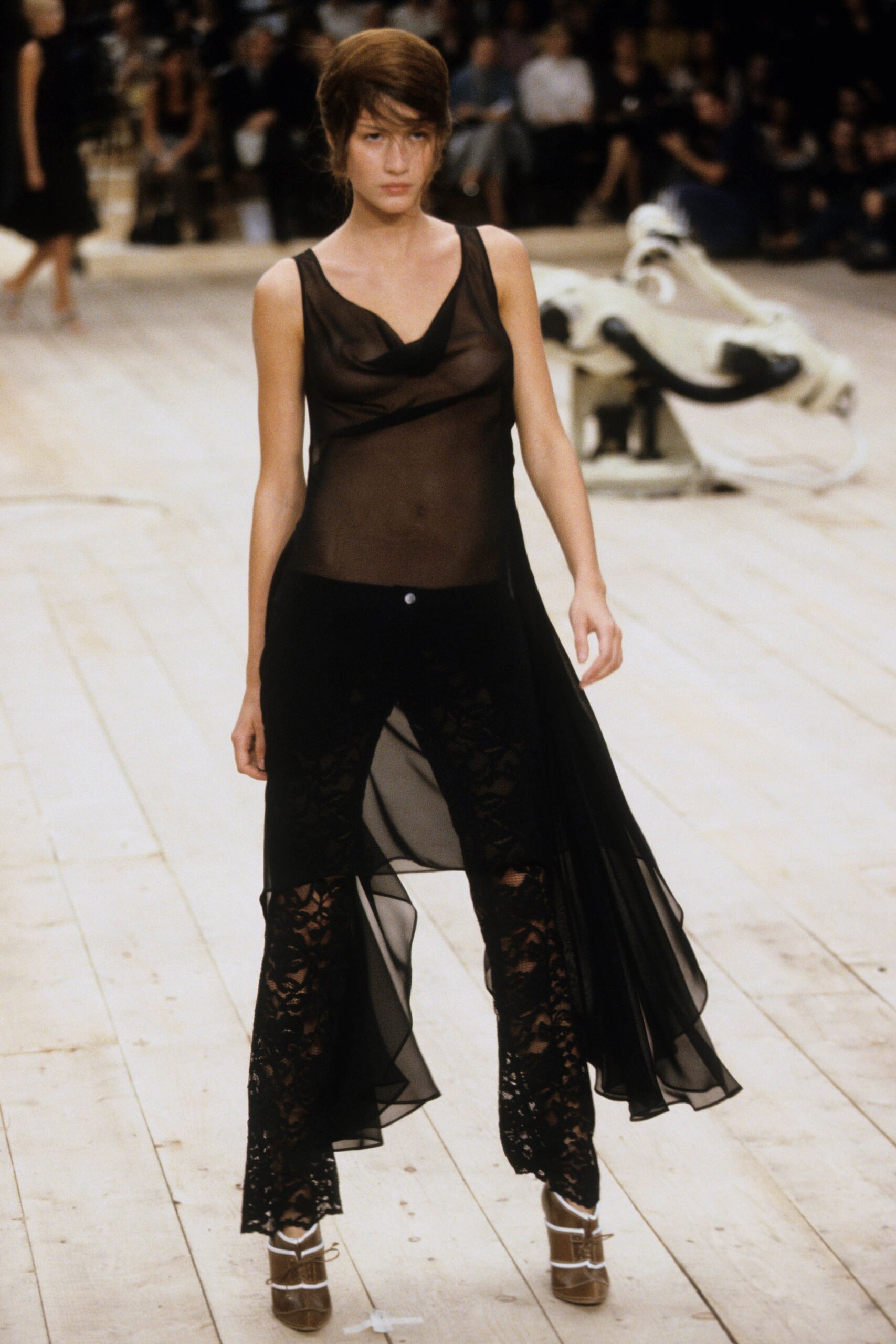 black sheer top with lace pants