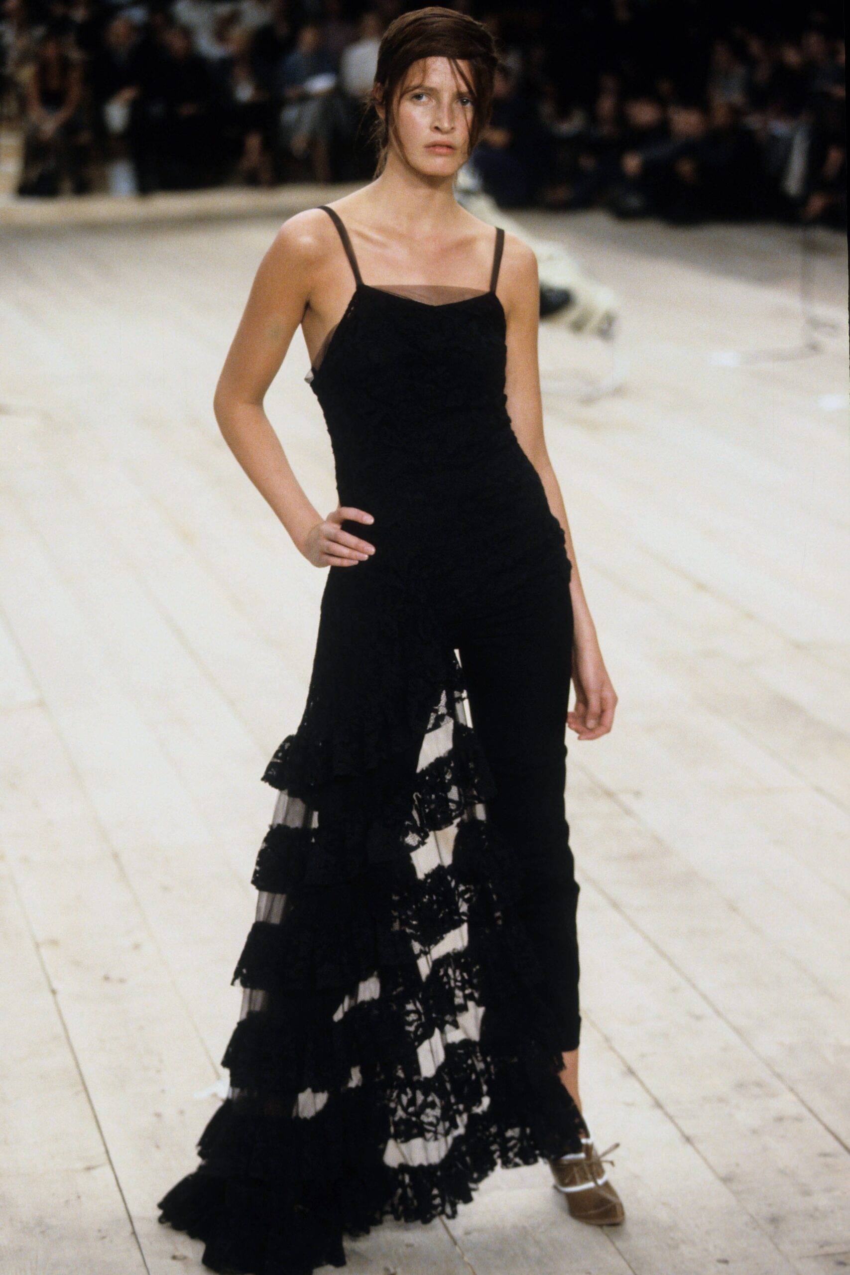 black and white ruffled midi dress