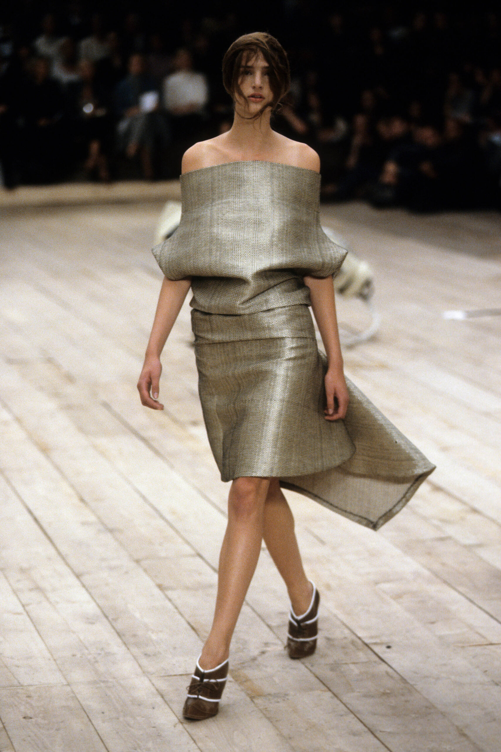 gold silk off-shoulder dress