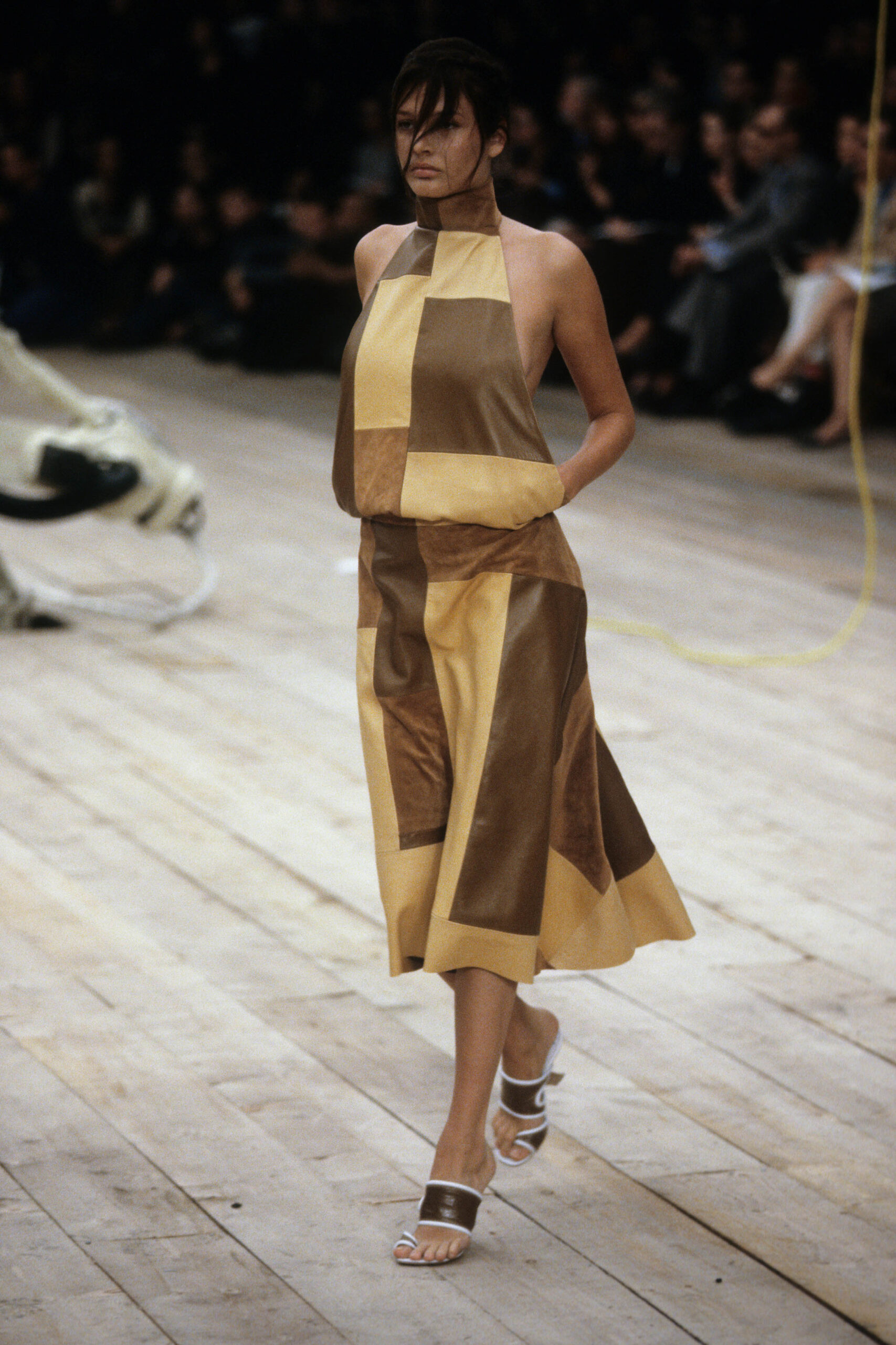 brown and yellow color-blocked dress