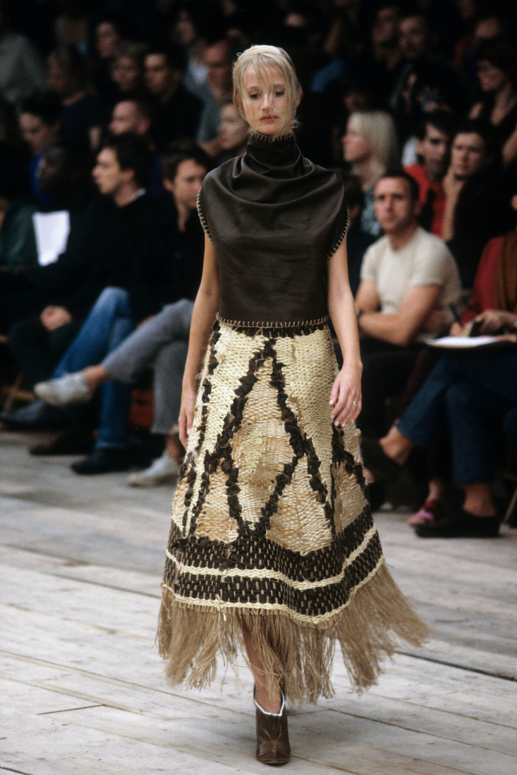 brown leather top and tiered skirt