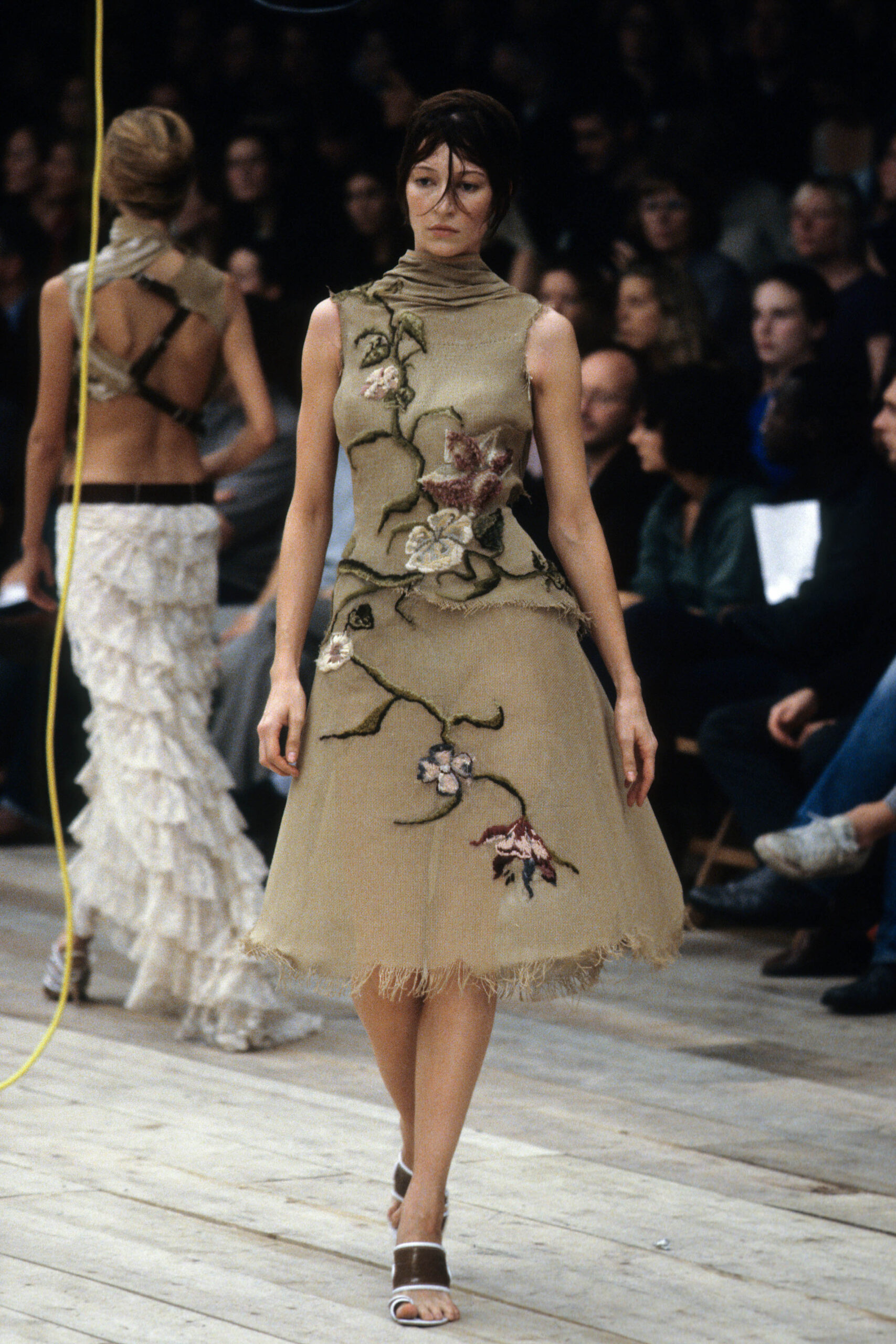 beige embroidered midi dress