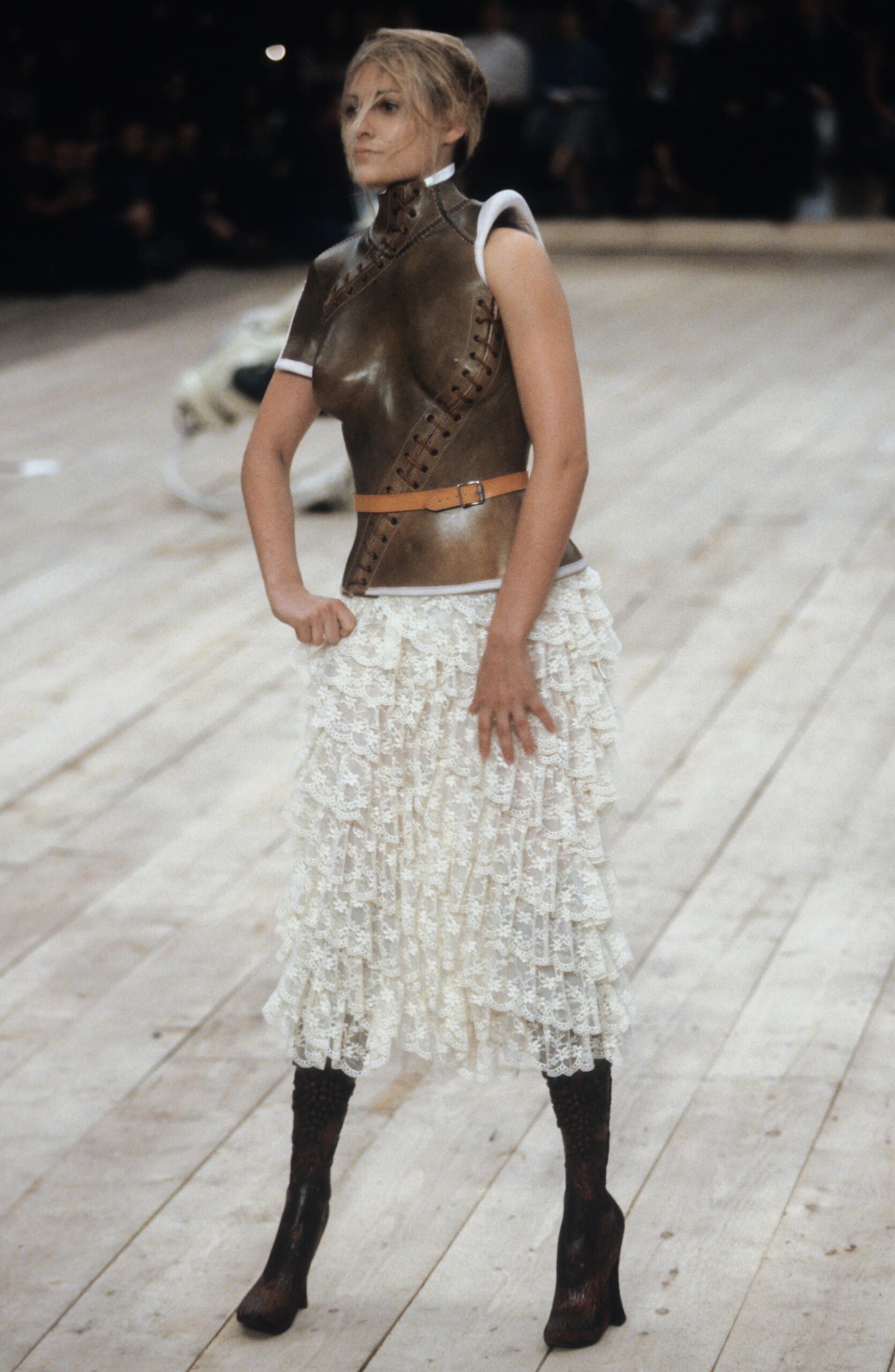 brown leather sleeveless fitted structured top